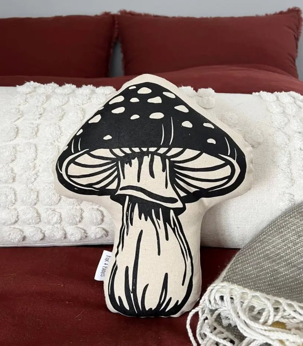 hand printed cotton pillow mushroom, snail and moth — Forest Floor