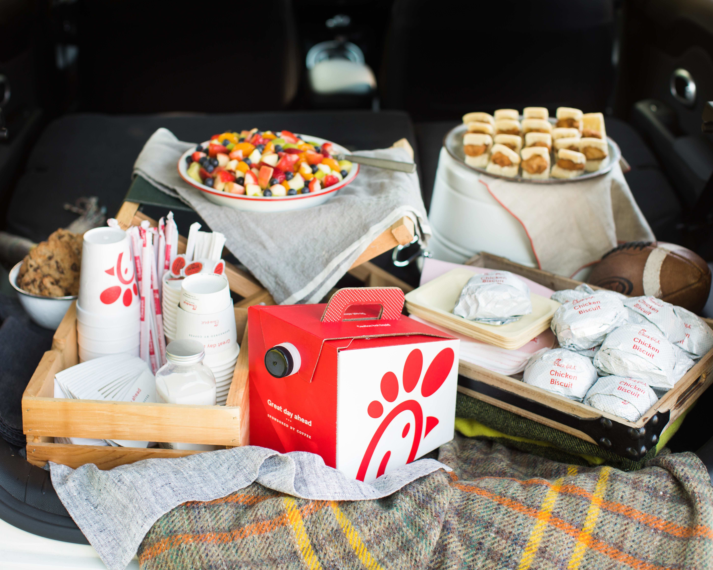 Chick-fil-A catering with chicken minis, fruit, chicken biscuits and coffee