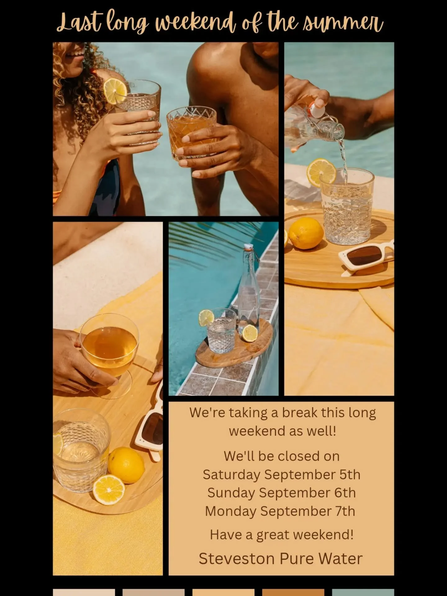This is the last long weekend of the summer!
We're taking a break as well, check the post for availability this weekend!
Are you going away or staying in Steveston?