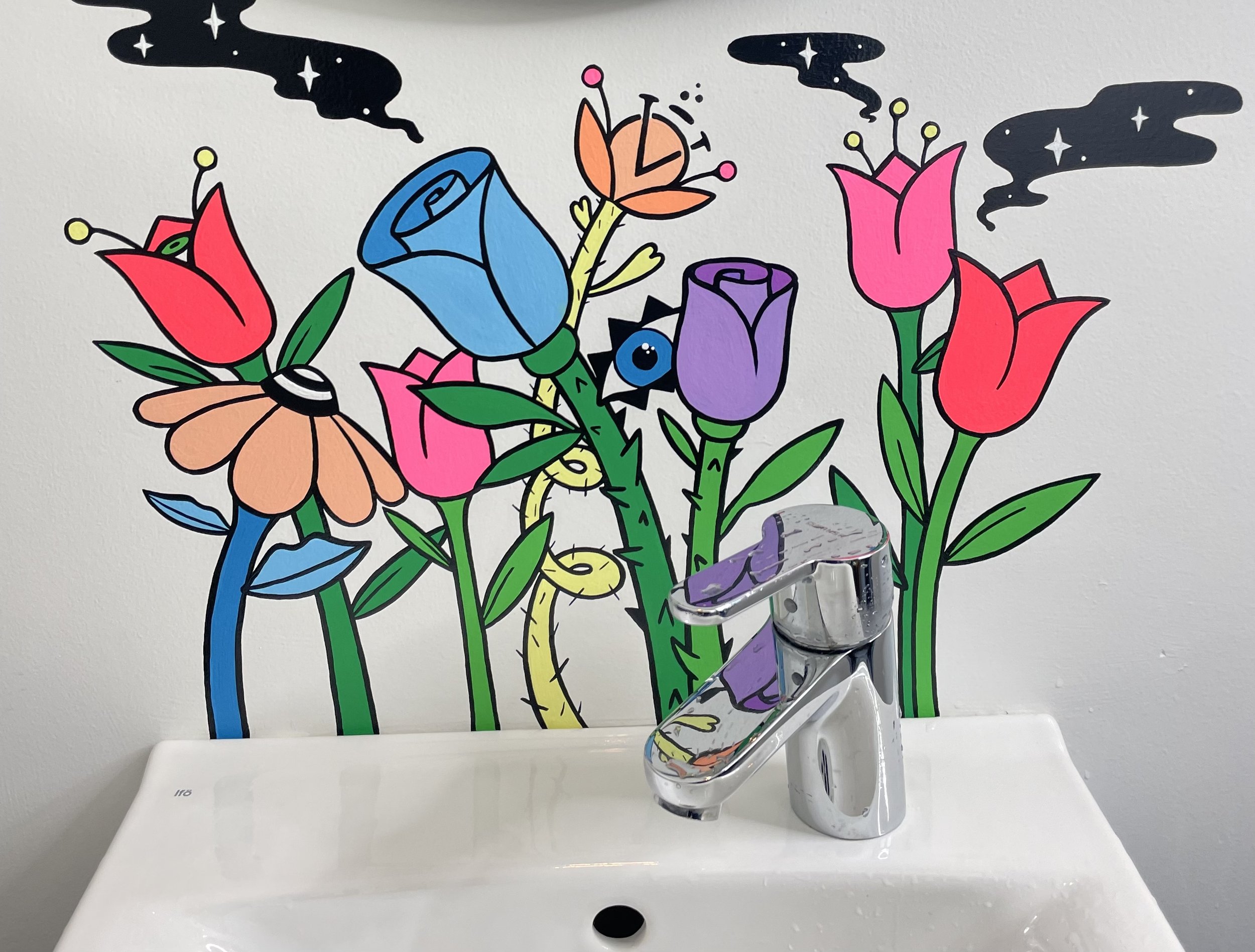 "Water your plants, wash your hands!" Special bathroom painting project for Ölverk!