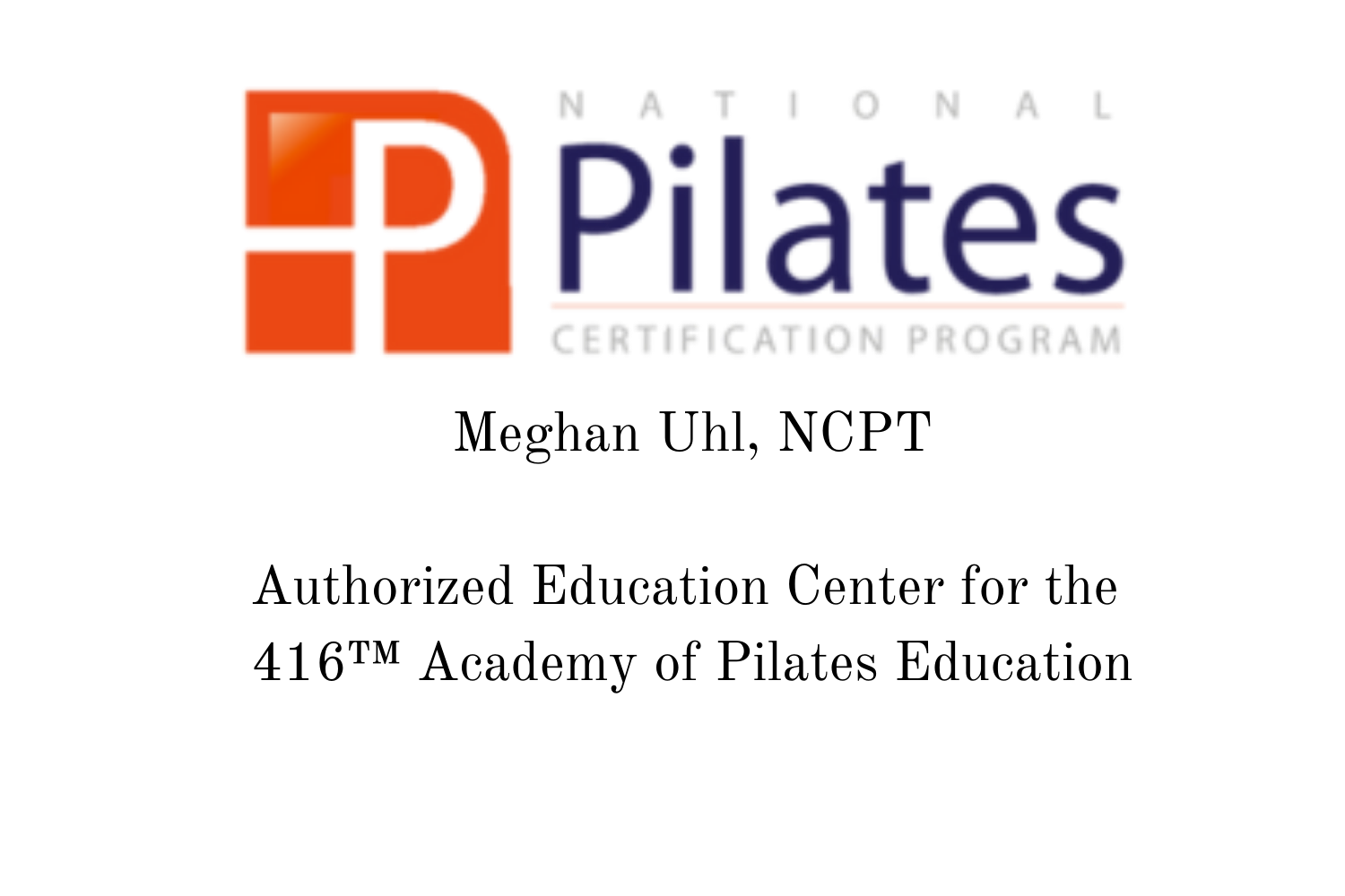 Logo for the National Pilates Certification Program featuring a stylized red and orange 'P' and text in blue, gray, and white.