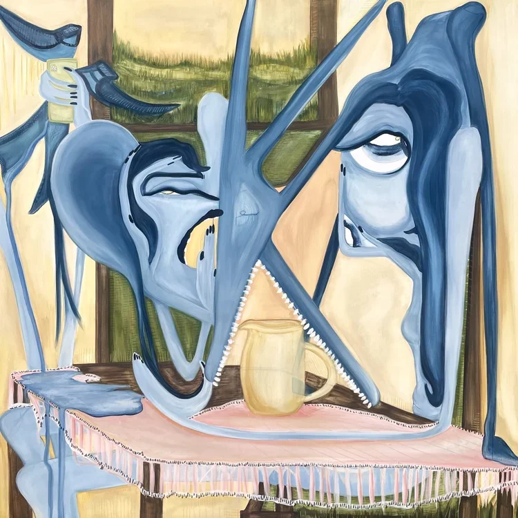 feed me 2023 watercolor gouache thread on canvas 48 x 48 in — inquire