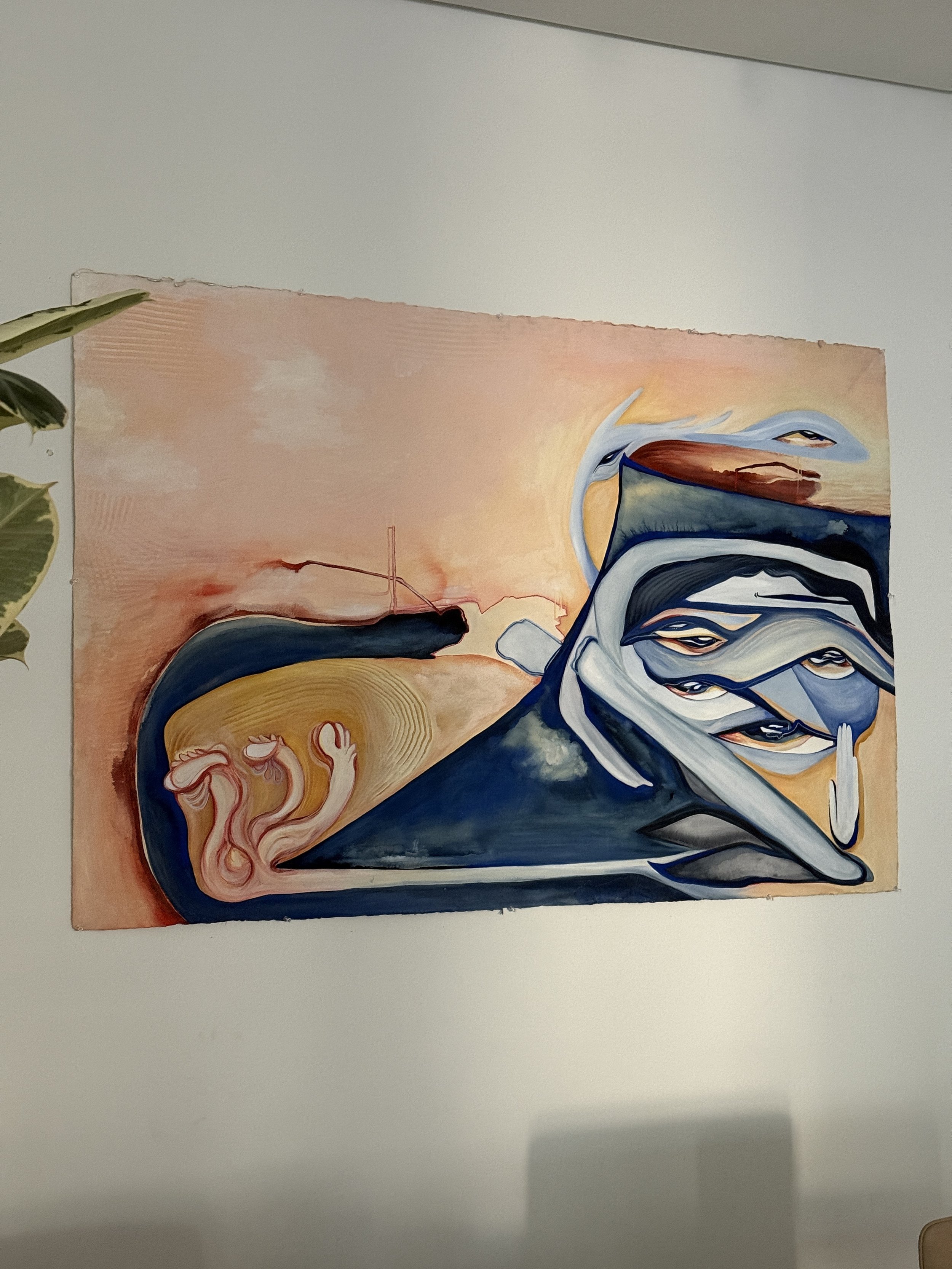 Abstract painting featuring multiple stylized human faces with elongated features, set against a background of warm sunset colors.