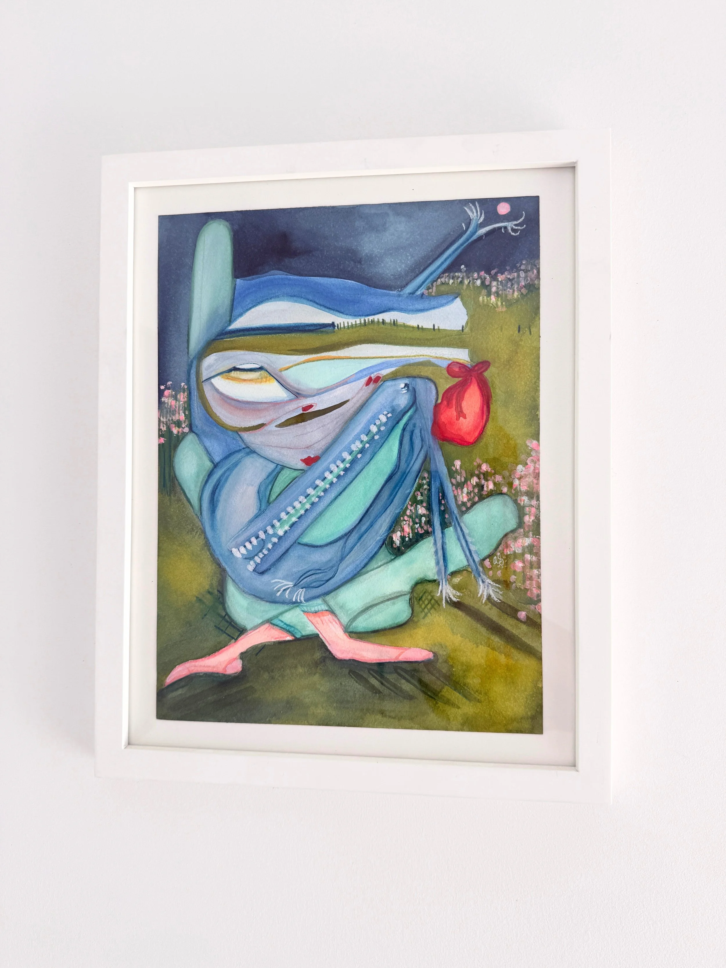 A surreal painting of a frog sitting on a green lily pad, holding a red purse, with a landscape background and a night sky.