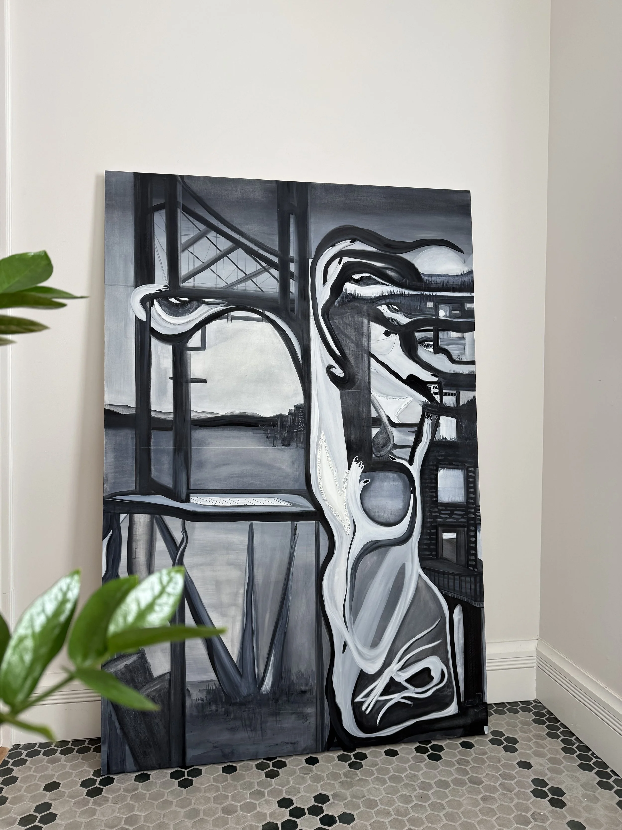 Black, white, and gray abstract painting of a woman with curly hair, with a bridge and cityscape visible through a window in the background, leaning against a white wall on a tile floor.