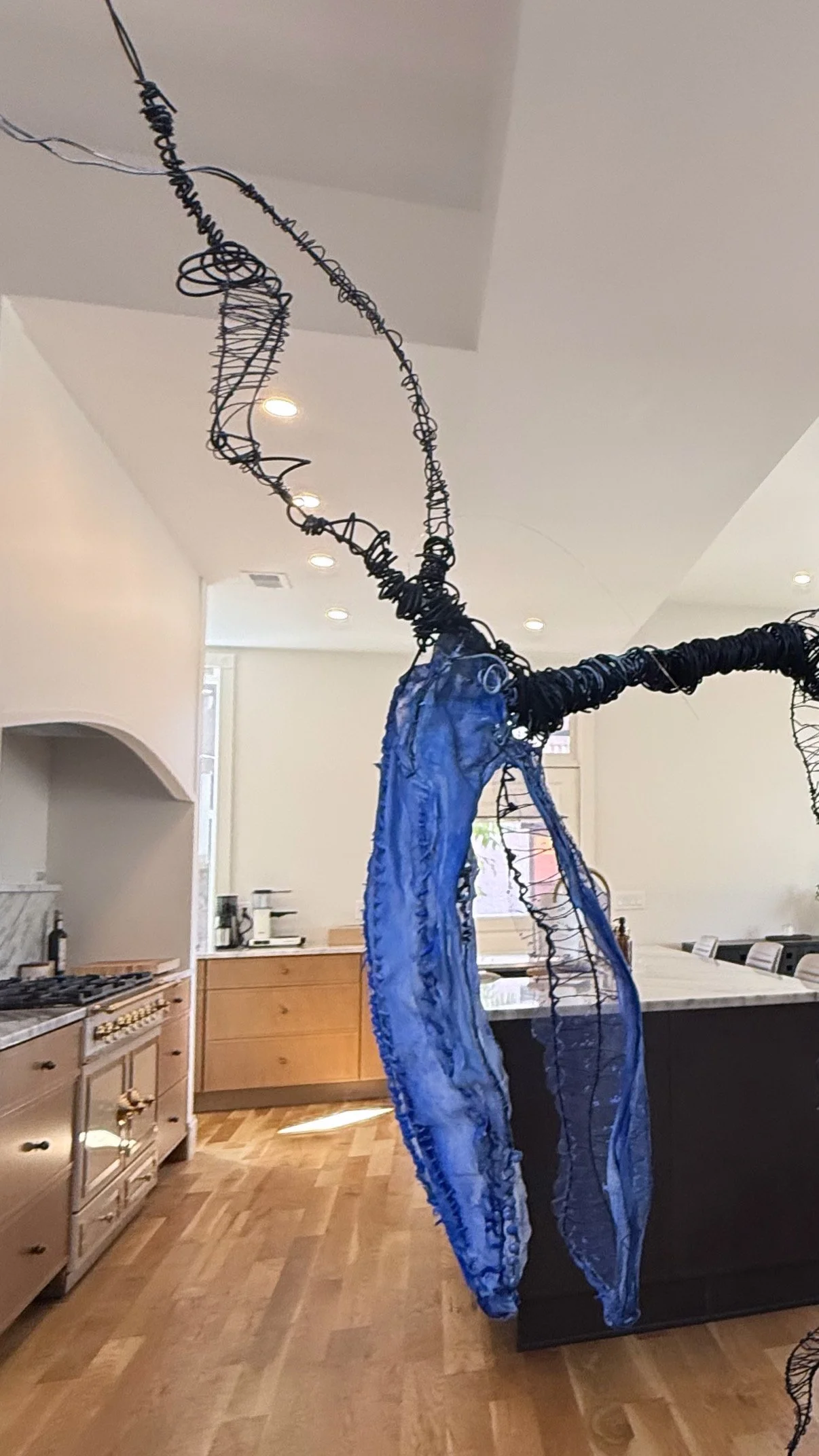 A large, contemporary art sculpture of a moose head made from wire and fabric, hanging in a modern kitchen.