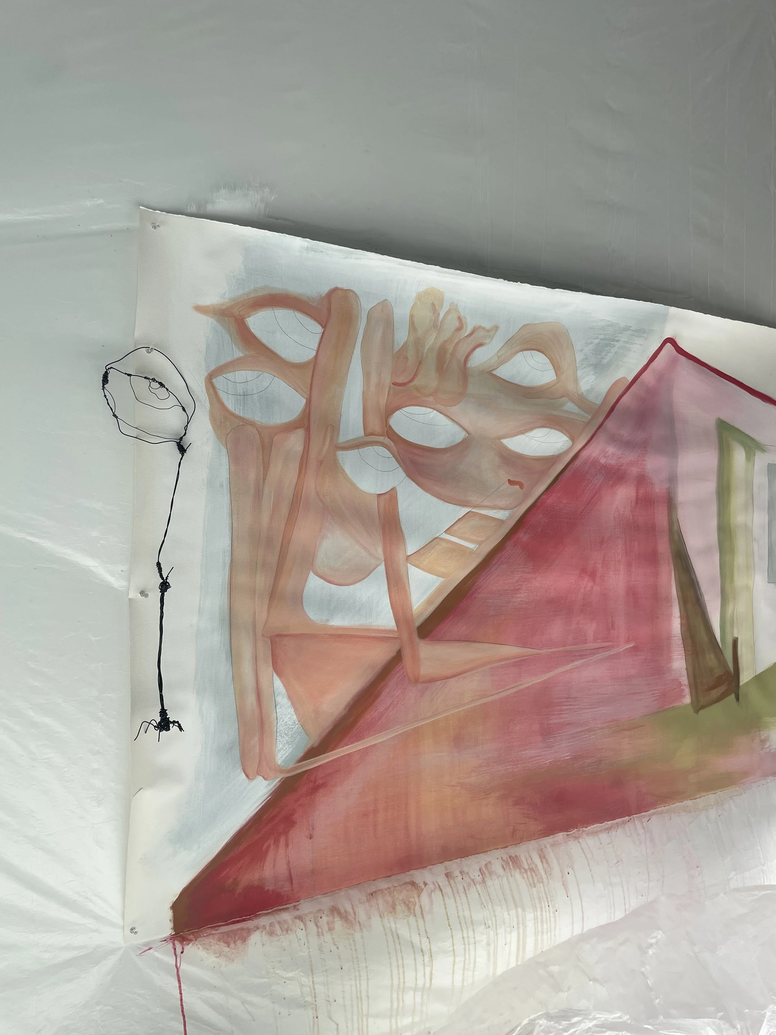 Abstract painting featuring intertwined organic shapes and a pink triangular form on a white background.