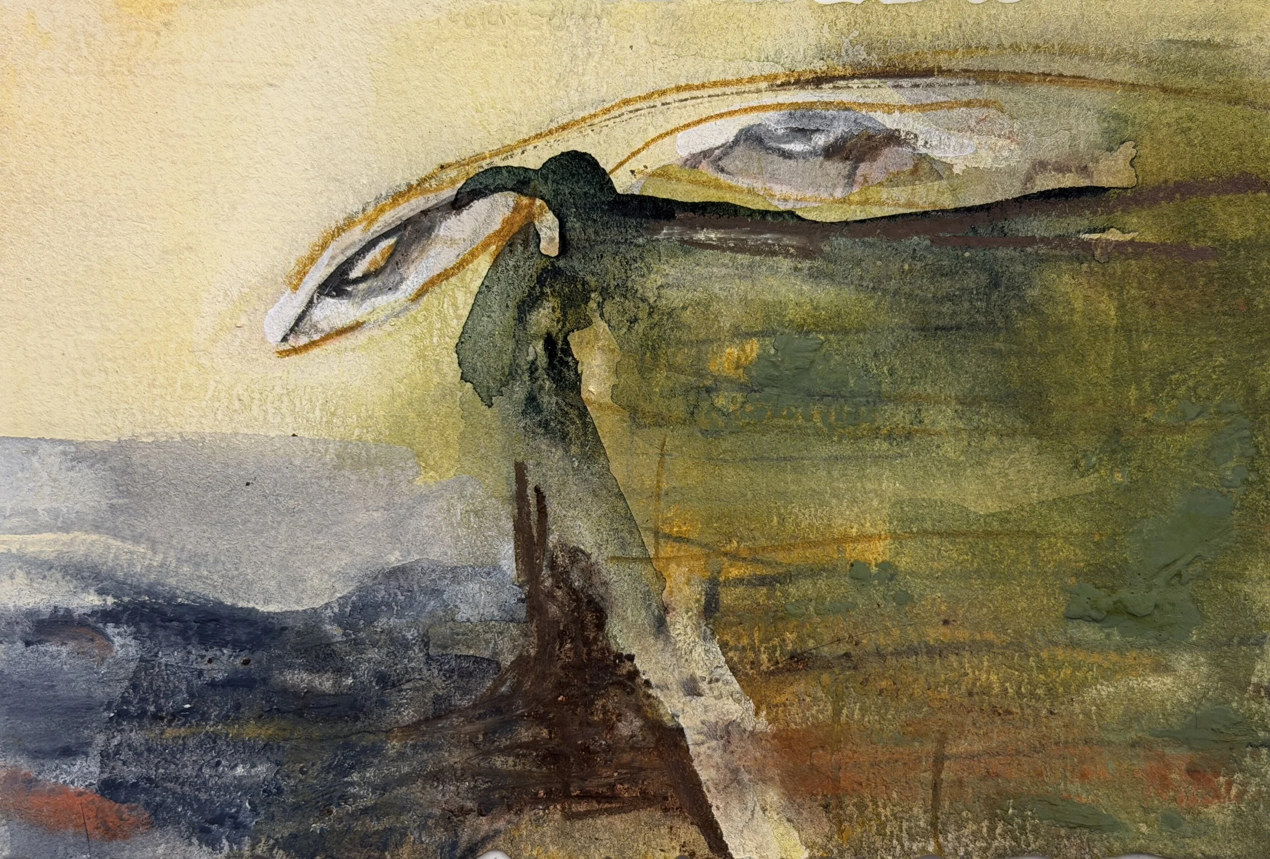 A watercolor painting depicting a person walking down a path with trees on either side, set against a landscape with rolling hills and cloudy sky.