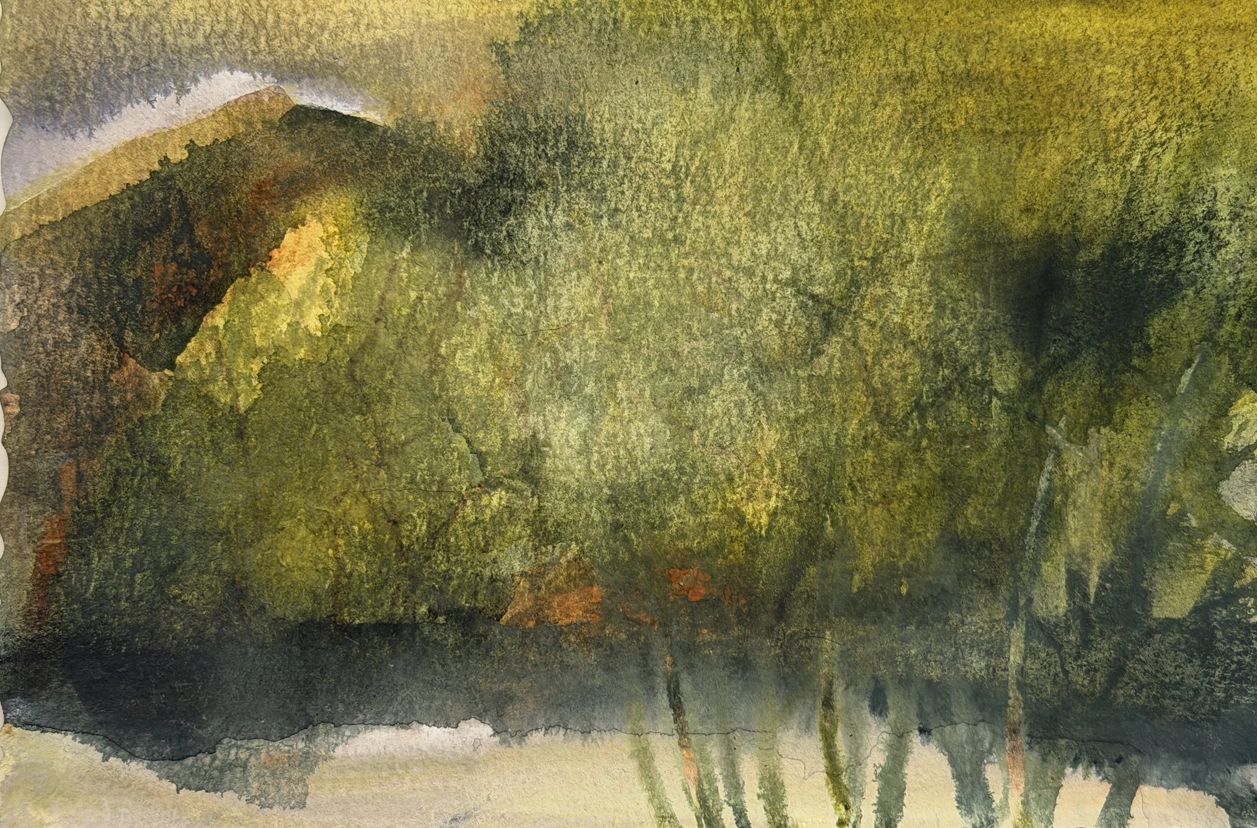 Abstract watercolor painting with shades of green, yellow, black, and some orange and purple accents.