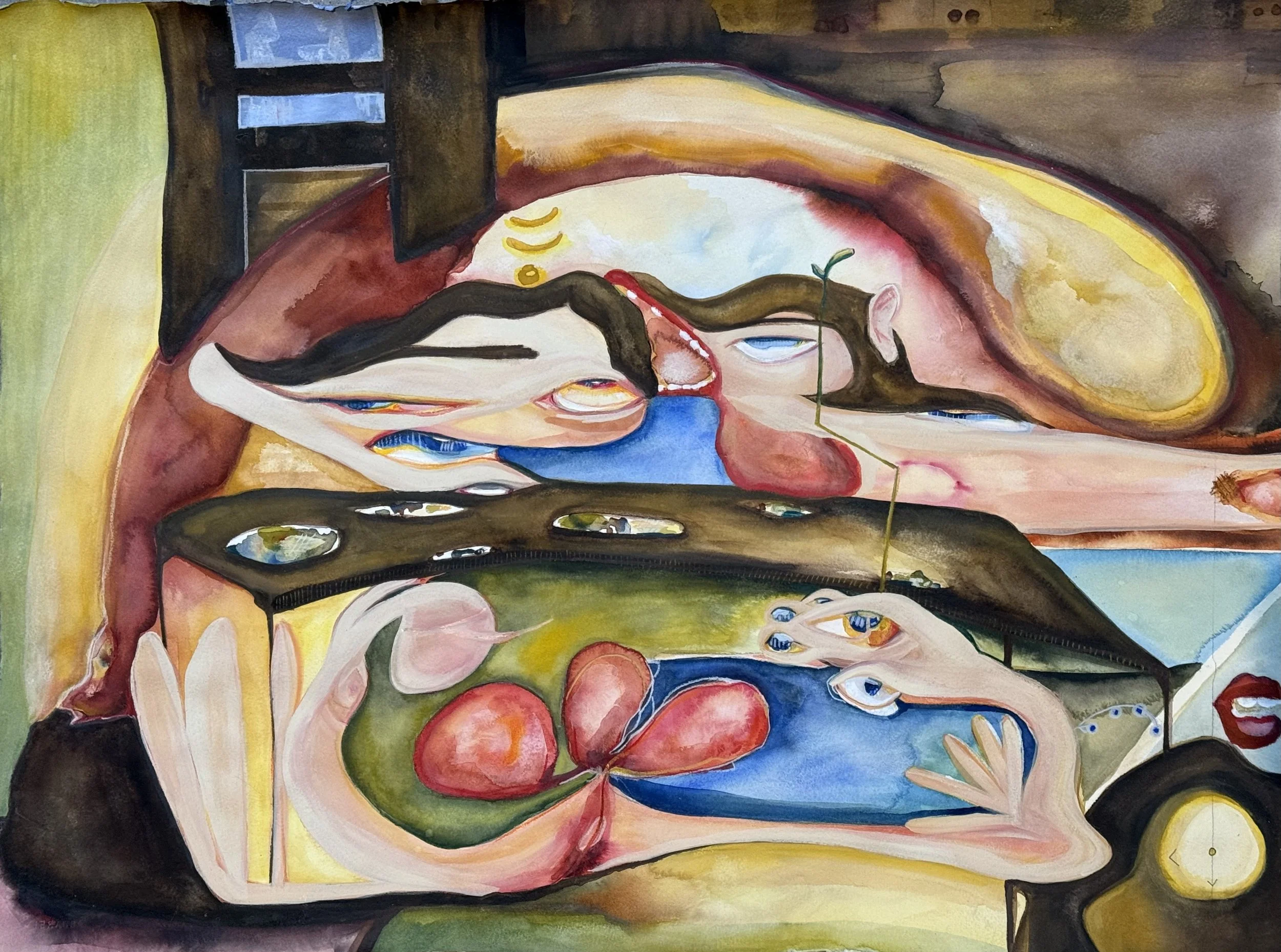 family dinner, 2025, mixed media on Arches paper, 22.5 x 30 in