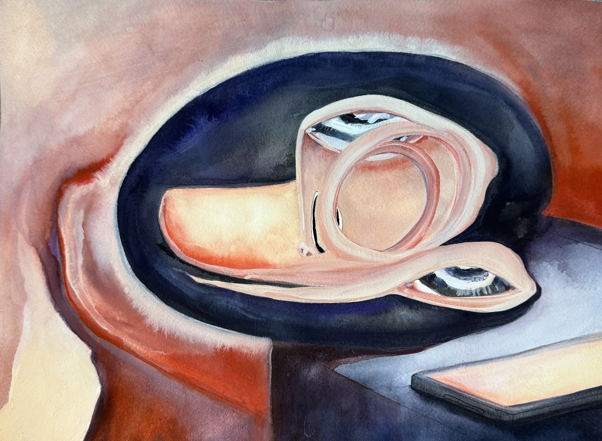 self surveillance, 2026, watercolor on arches paper, 12 x 9 in 
