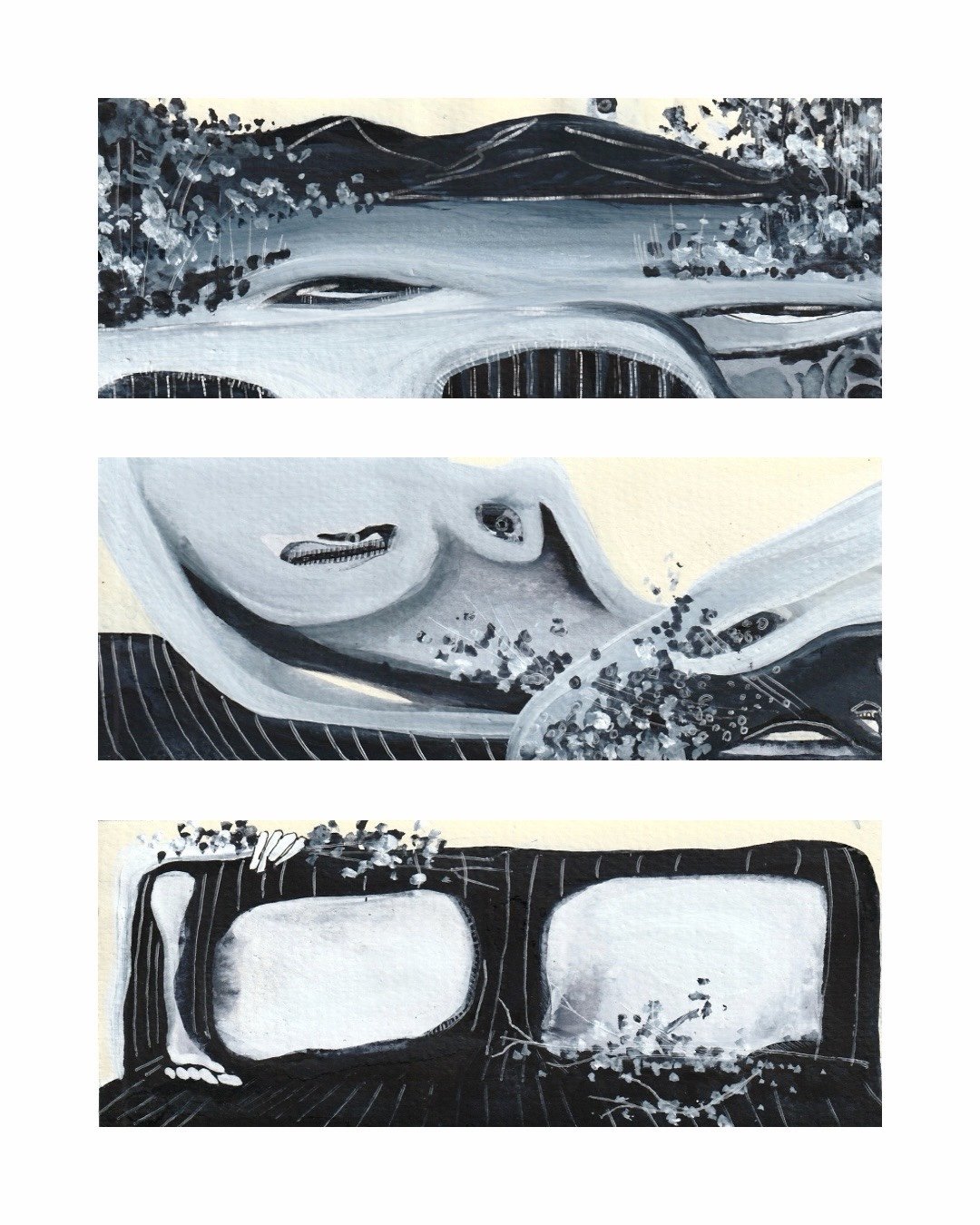 heading out of here, 2026 watercolor on paper, triptych 8 x 10 in