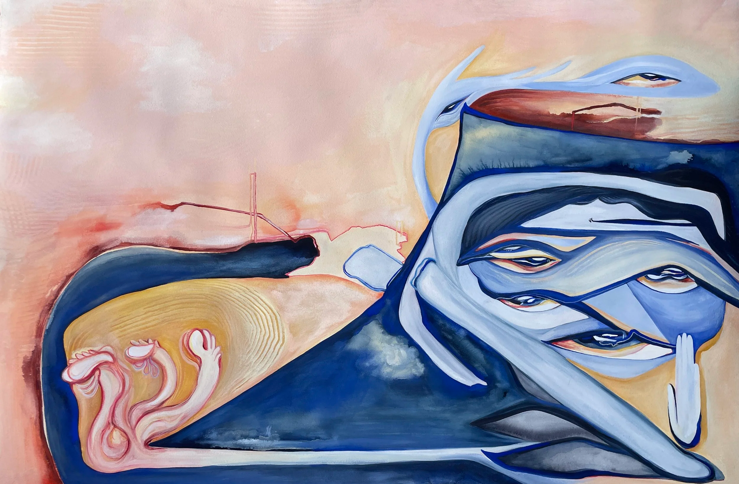 Abstract painting featuring swirling shapes and colors including blue, gray, pink, and beige, with some elements resembling faces and organic forms.