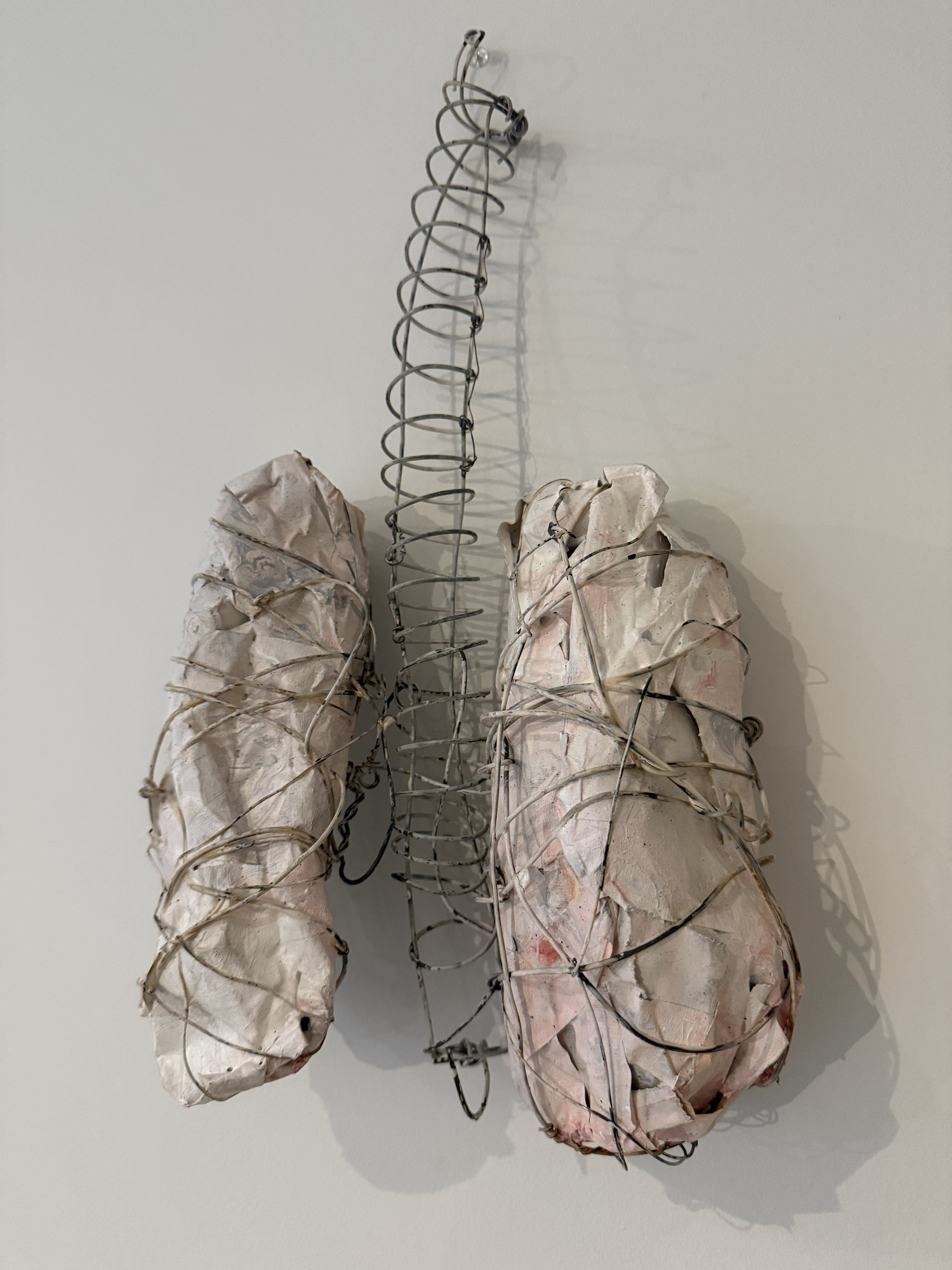 Sculpture of two wrapped bones with wire, mounted on a white wall.