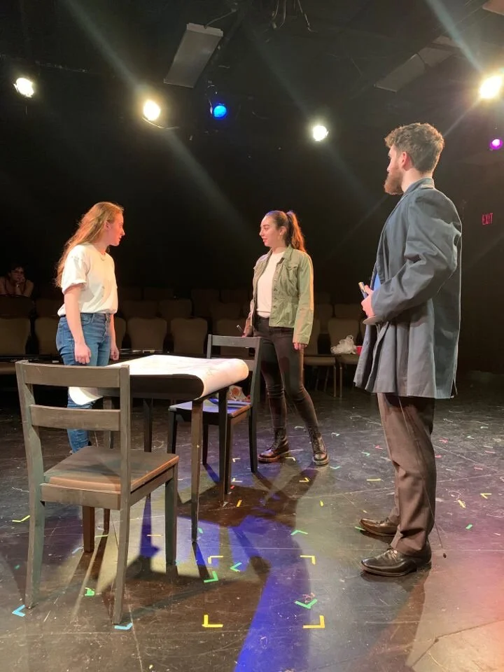 Dress Rehearsal for Henry IV, Part I - (L to R), Natalie Parks (Director), Cali Izzi as Prince Hal, Chloe Orwell as Prince John of Lancaster, Ryan Bourque as Earl of Westmorland