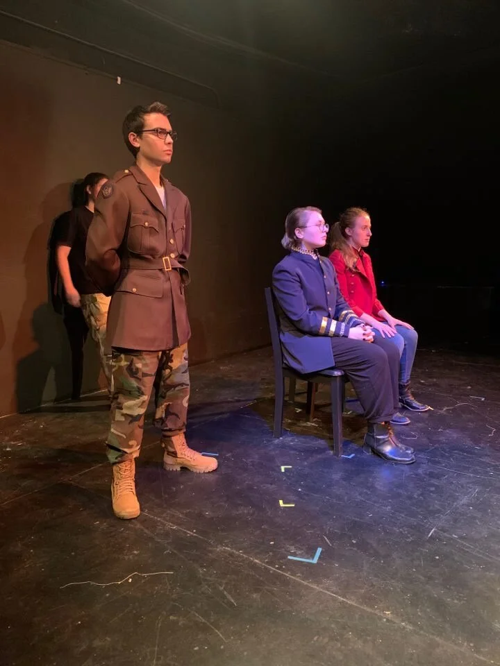 Dress Rehearsal for Henry IV, Part I - (L to R) Simon Ignatovsky as Sir Walter Blunt, Casey Rutter as King Henry IV, Cali Izzi as Prince Hal