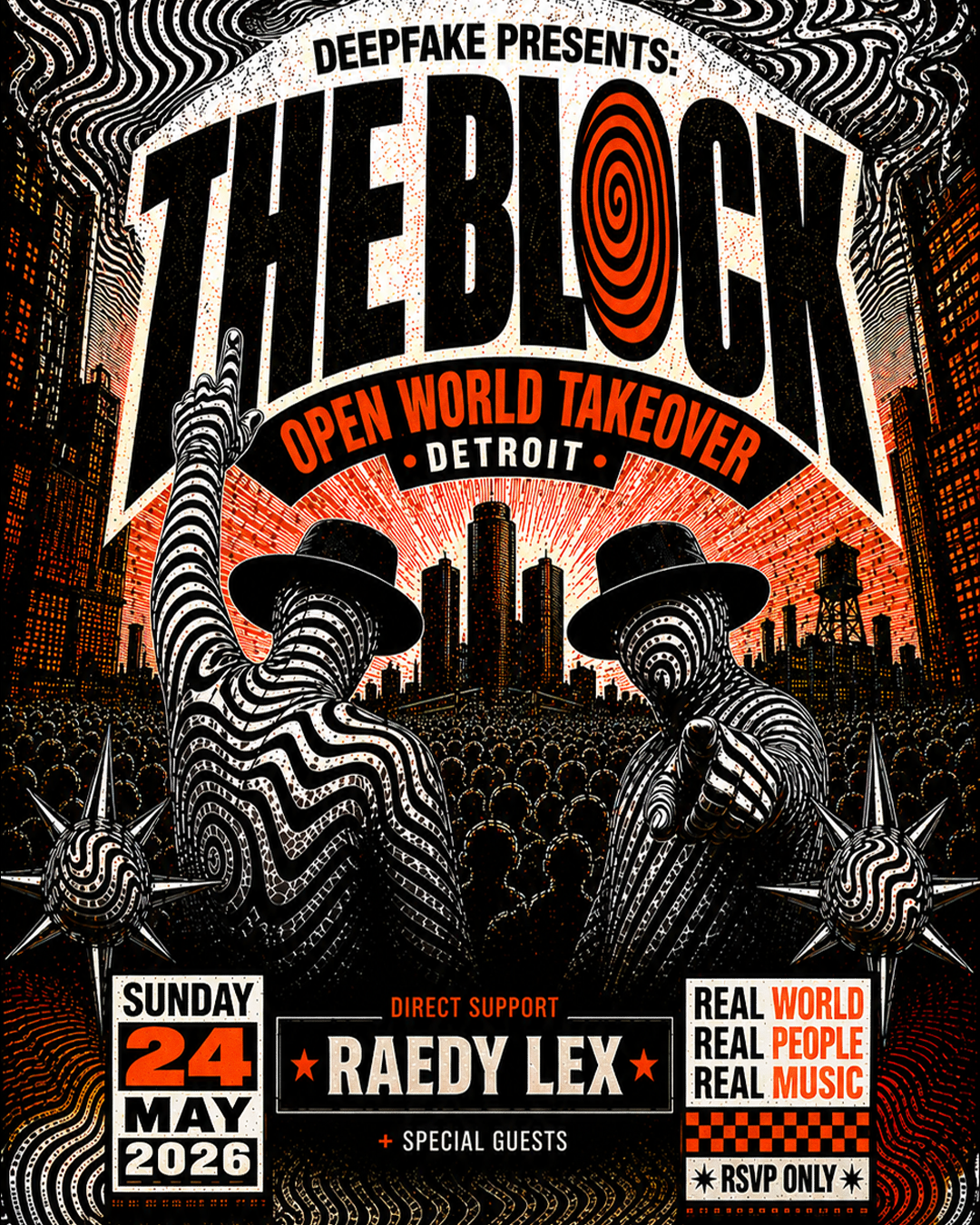 DEEPFAKE Presents THE BLOCK Open World Open Air Takeover on Sunday May 24 2026 during Techno Weekend in Detroit. Real People. Real Music. Real World. DEEPFAKE DJ DUO. Raedy Lex, special guests. Techno City.