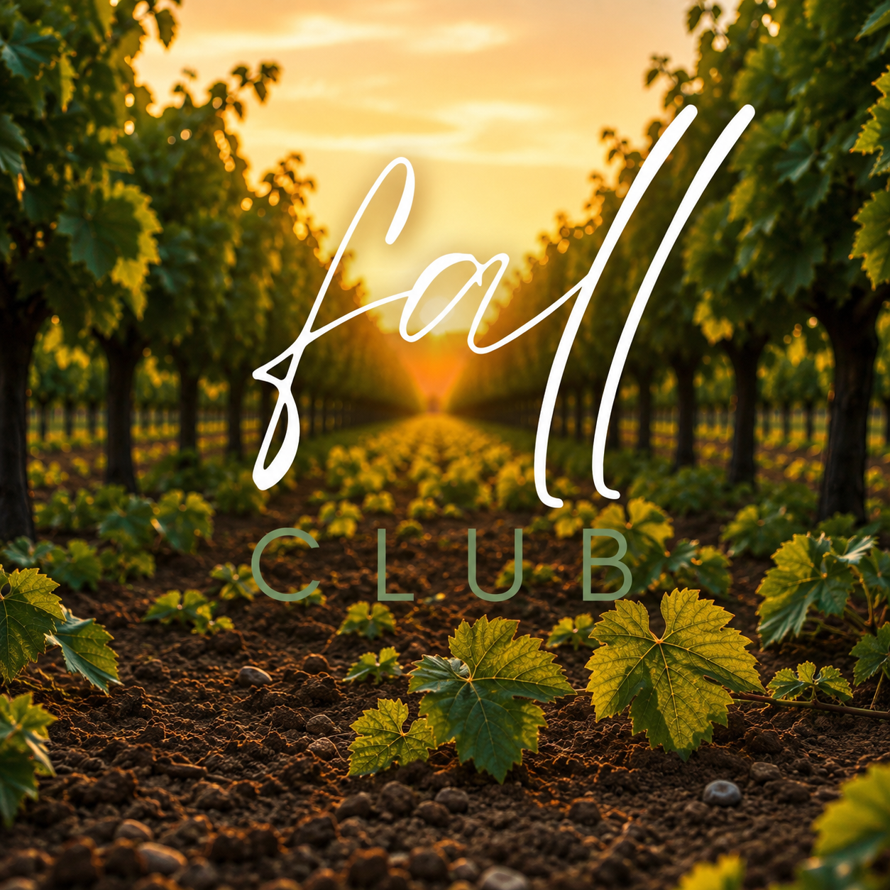 Vineyard with rows of grapevines at sunset, with the text 'Fall Club' overlayed.