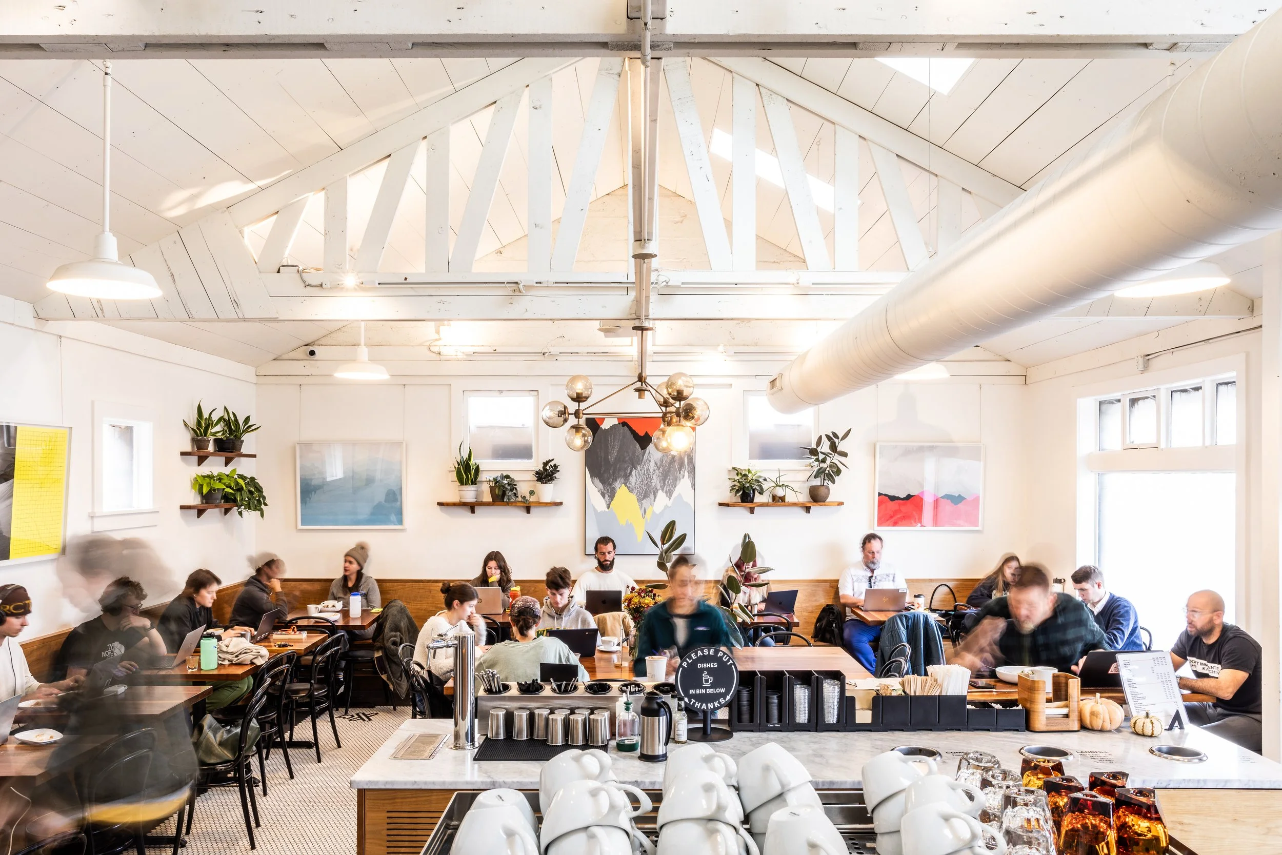People sitting and working in a bright, modern cafe with white walls, wooden accents, and artwork. The cafe has a high, vaulted ceiling with skylights and exposed beams. Potted plants decorate the room.