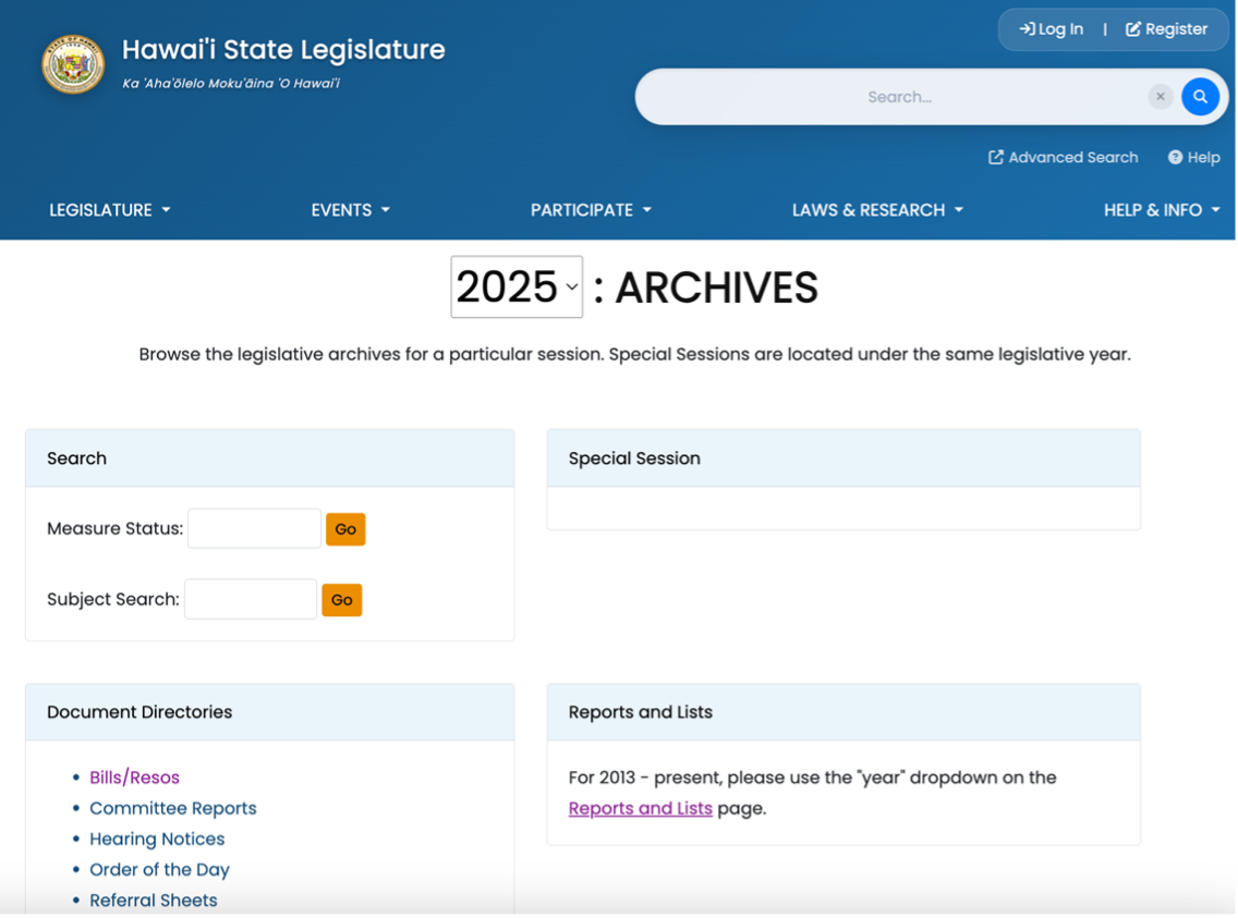 Screenshot from state legislature archives webpage
