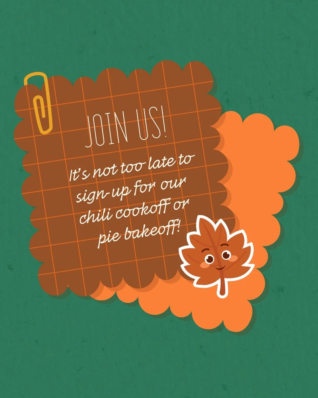 There's still time to register for our chili cook-off or pie baking contest at the Fall Festival happening this Saturday!