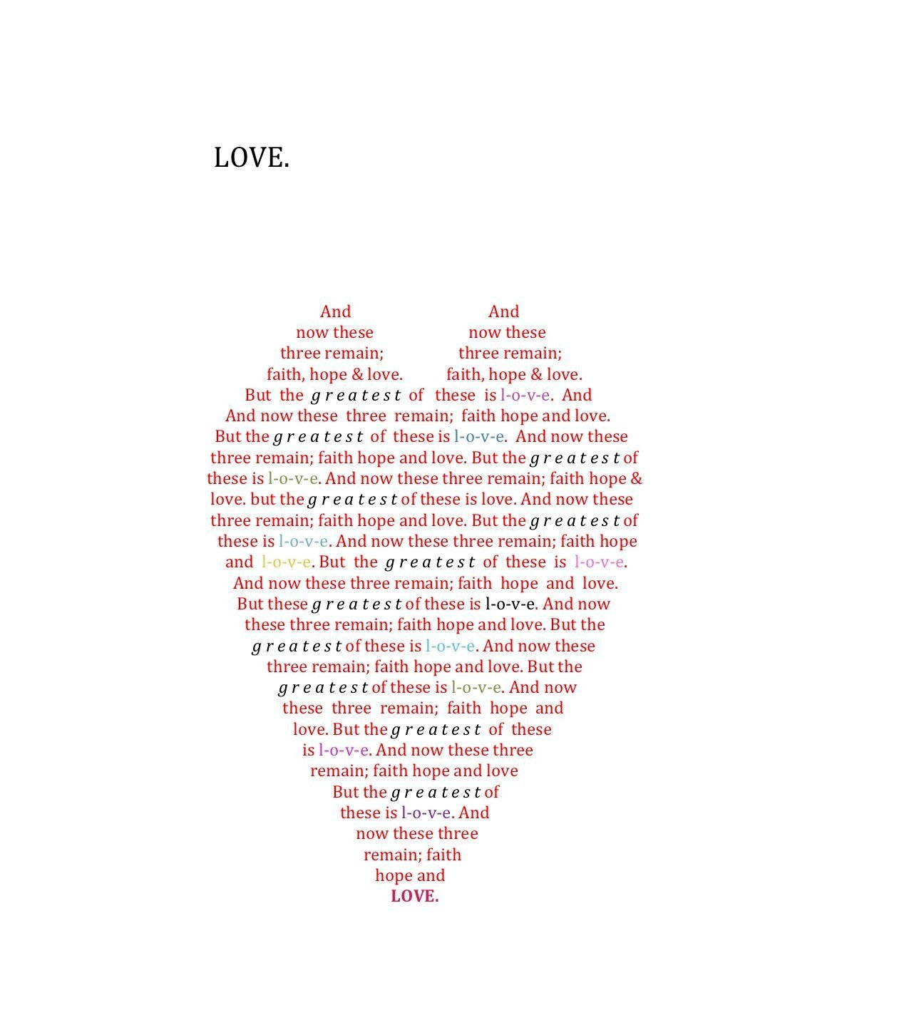 And now these three remain; faith, hope, and love. But the greatest of these is love. -
1 Cor. 13:13