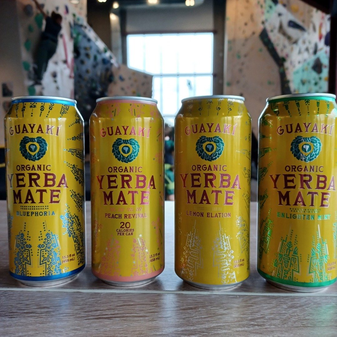 Have you seen our new flavors of Yerba Mate?

Climbing sure can make you thirsty! Wanna slake your thirst and boost your energy? Look no further than our little fridge! We've got:
 
🫐 Bluephoria - a blueberry and elderberry power couple
🍑 Peach Rev