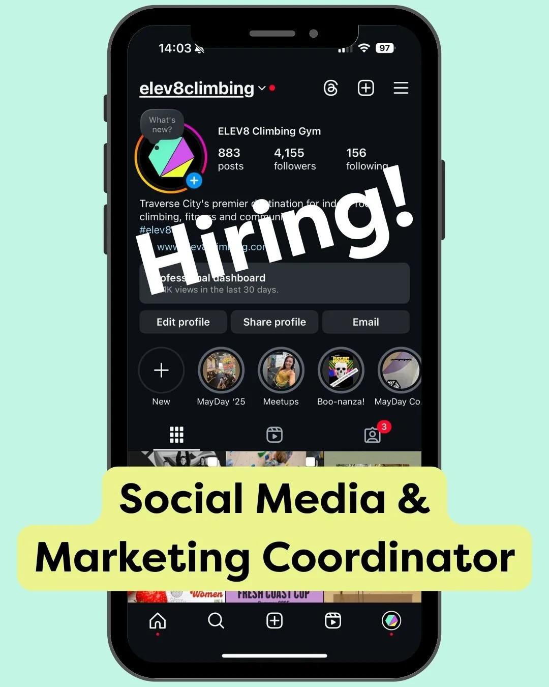 🚨 We&rsquo;re Hiring! 🚨

Elev8 Climbing is looking for a Social Media &amp; Marketing Coordinator to join our team!

If you:
✅ Are an Instagram, Reels, and memes rockstar
✅ Know how to grow and engage an online community
✅ Have a creative eye and s
