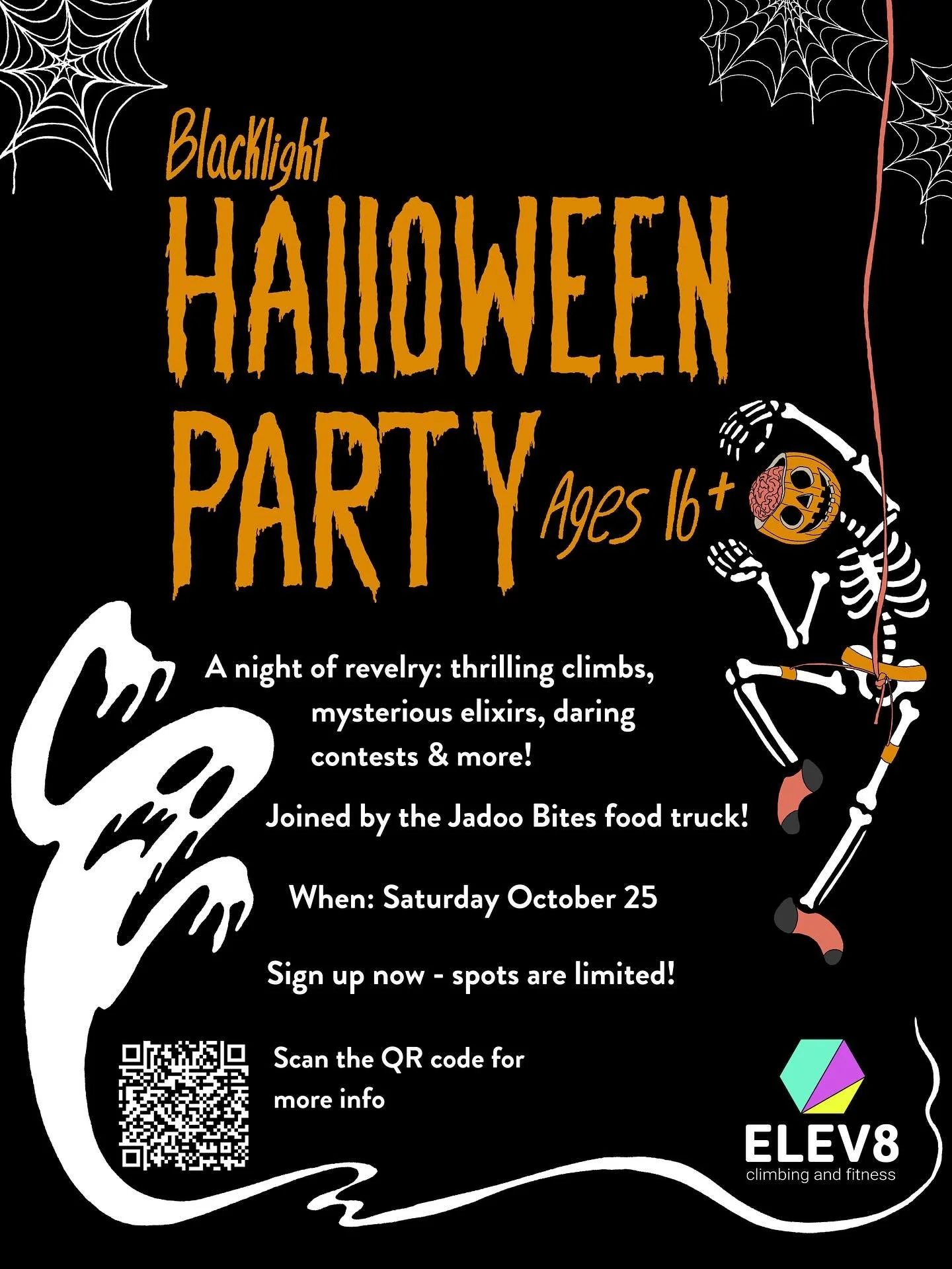 🎃Black light boo-nanza is back and scarier than ever! 🕷️

Join us October 25 from 7&ndash;10 PM for a haunted evening of climbing, games, prizes, and mysterious elixirs 🧗🕸️🍹

Don&rsquo;t skimp on your &lsquo;fit - win a prize in the Costume Cont