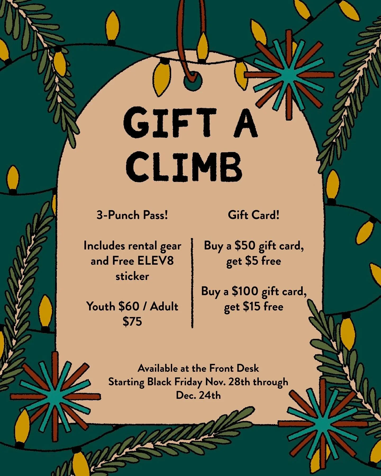 Looking for a gift that won&rsquo;t get returned, regifted, or forgotten in a drawer? 🎁 Give the gift of climbing! 🧗&zwj;♀️✨

From Black Friday (11/28)&nbsp;through 12/24, we&rsquo;re rolling out our annual holiday deals&mdash;and they&rsquo;re pac
