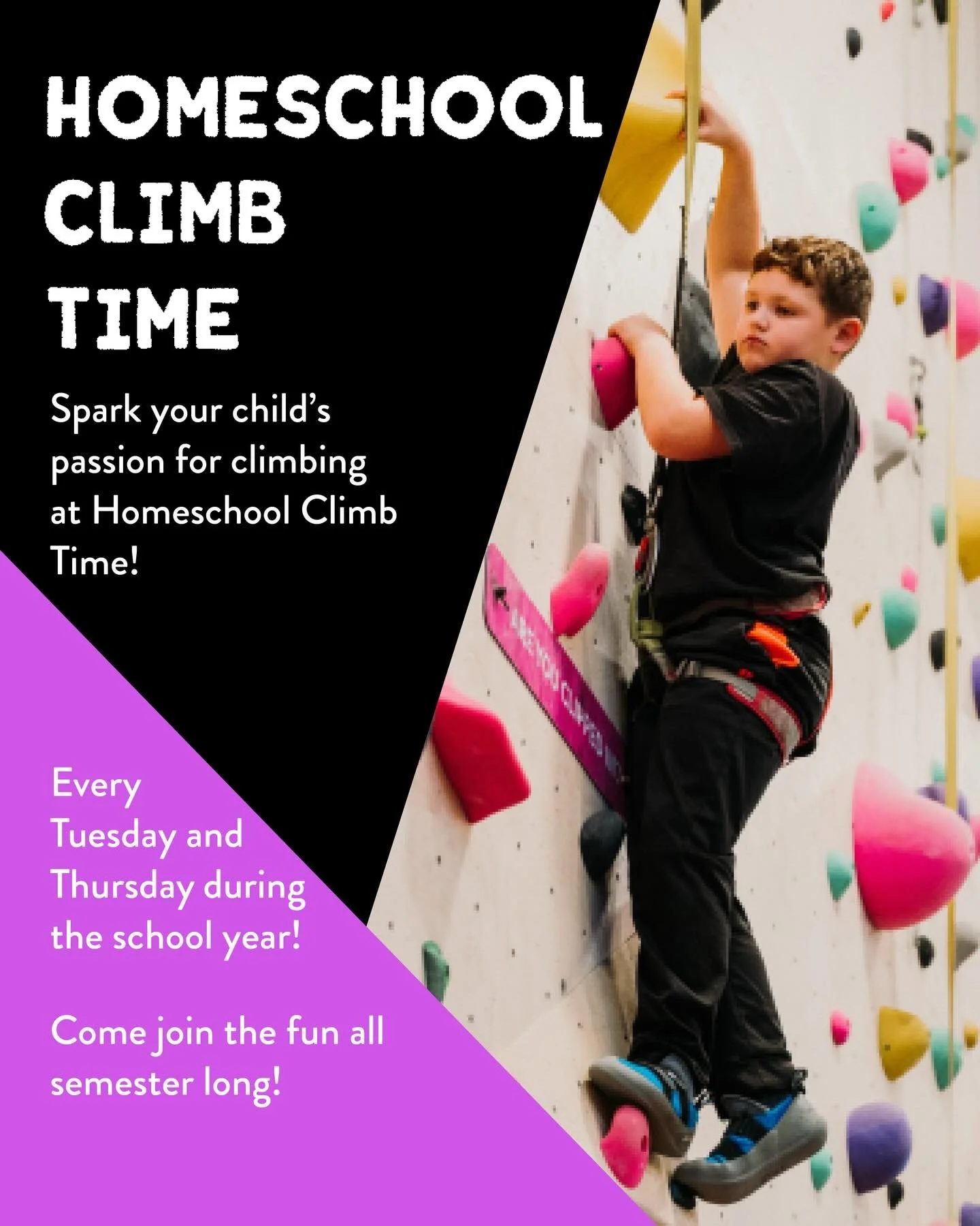 📚🧗&zwj;♂️ Homeschool Climb Time is officially back in session!

Every Tuesday &amp; Thursday, 10AM&ndash;3PM, homeschoolers can swing by for a full day of movement, adventure, and community on the walls.

&bull; Drop-in: $15/person &bull; Semester 