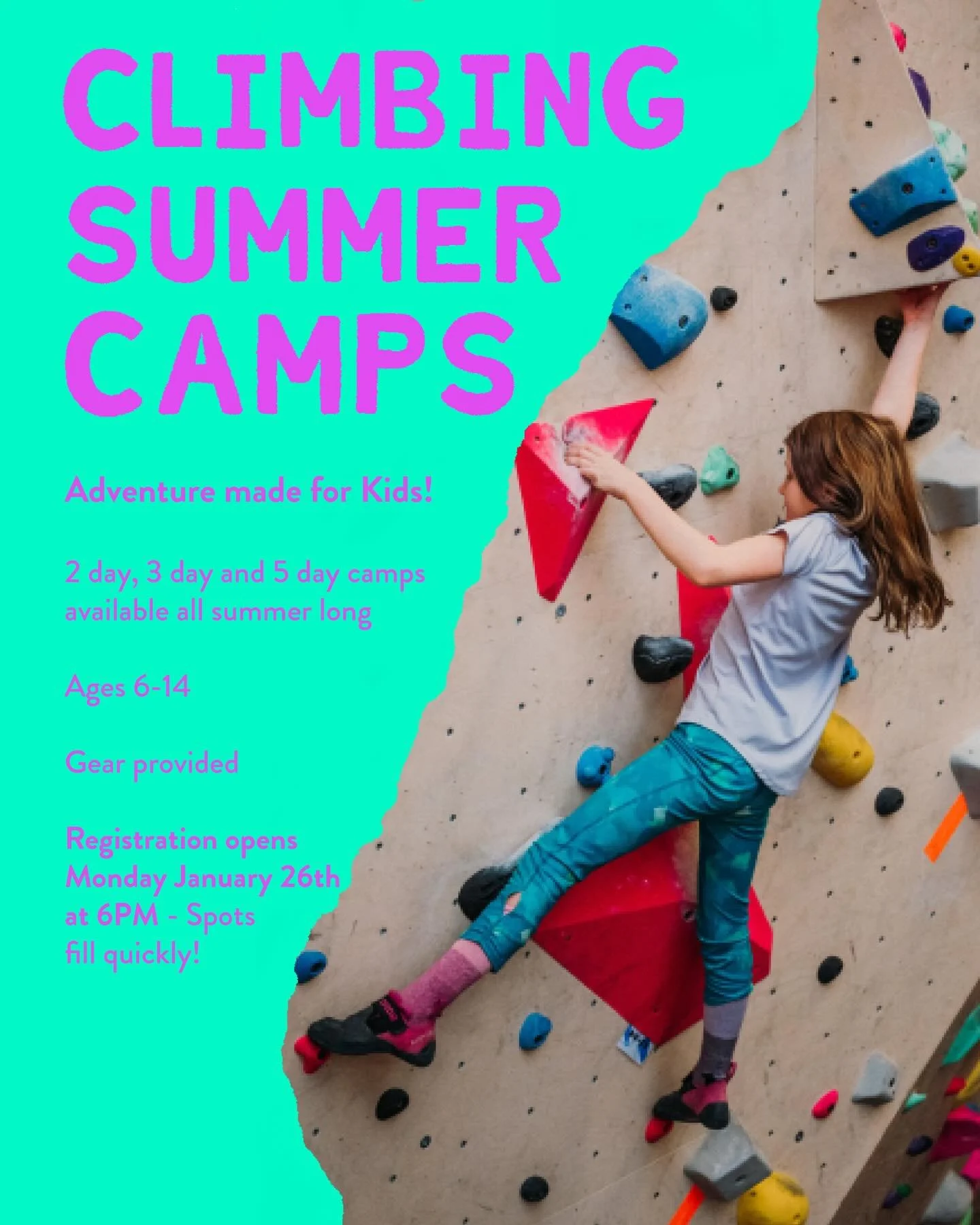 🧗&zwj;♀️☀️ Climb into the BEST summer ever!

Our Kids Climbing Summer Camps are happening all summer long with 2-day, 3-day, and 5-day options!

Ages 6&ndash;14 
 Gear included&mdash;just show up ready for fun!
 Never climbed before? No problem! Our