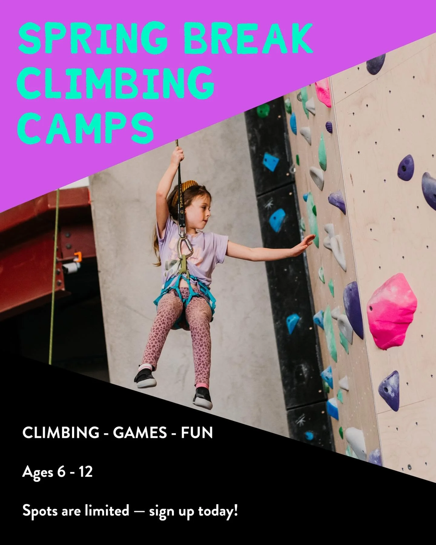 Spring Break is coming up! 🧗&zwj;♂️

Staying local for the break? Keep your kids active in one of our 2-day camps!

Camp Dates: 
&bull; March 30&ndash;31 | 10:00am&ndash;1:00pm (Ages 6&ndash;9) &bull; April 1&ndash;2 | 10:00am&ndash;1:00pm (Ages 6&n