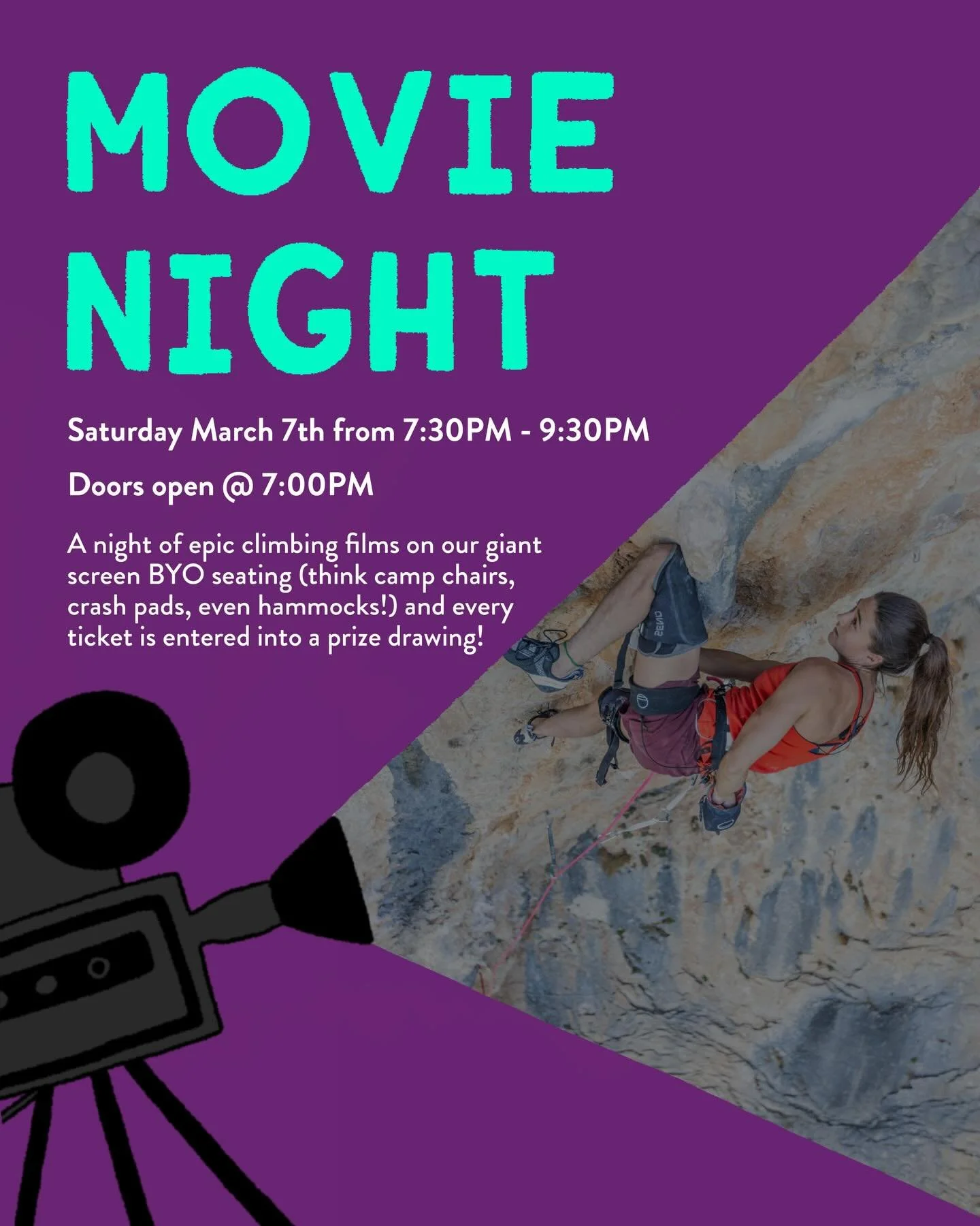 🎬🧗 MOVIE NIGHT AT THE GYM 🍿

Join us Saturday, March 7th for a cozy 
night of climbing films and community vibes! 
Movies: 7:30&ndash;9:30 PM Doors Open: 7:00 PM

Bring anything to get comfy &mdash; sleeping bags, camping chairs, crash pads, hammo