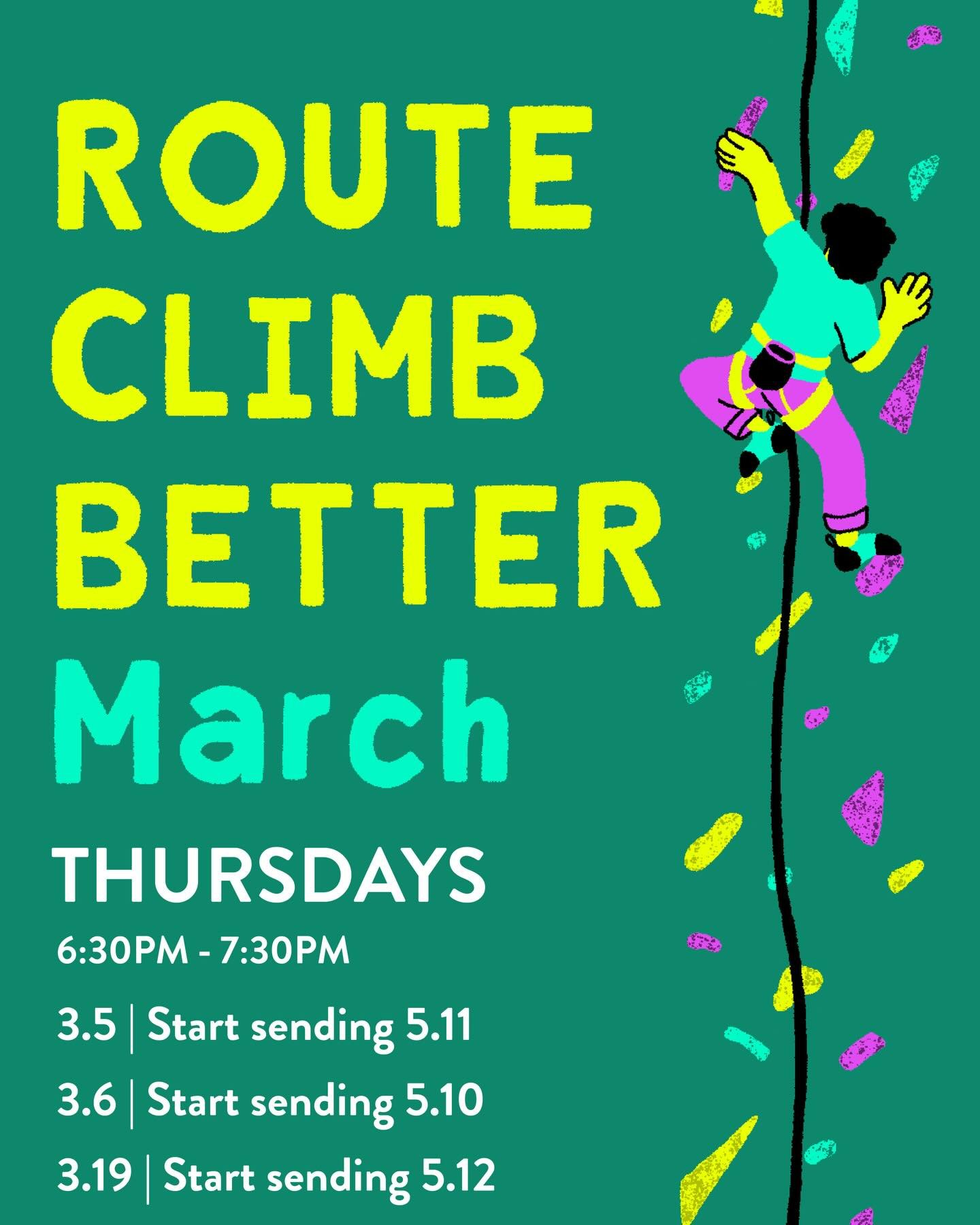 Looking to move smoother and feel stronger on the wall? 🧗&zwj;♂️✨

Our route climbing class is designed to help you climb with intention, efficiency, and confidence&mdash;no matter where you&rsquo;re at in your journey.

In this class, you&rsquo;ll 