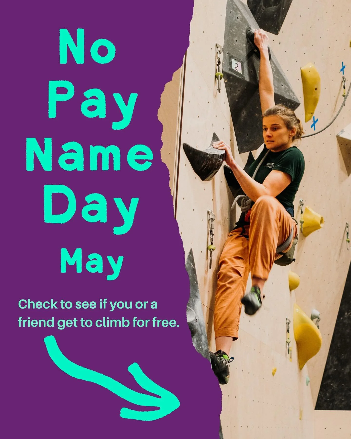 May is calling &mdash; and so are free climbs! 🌸🧗&zwj;♂️ It&rsquo;s No Pay Name Day!

If your name matches the name of the day, your climb is on us!

Here&rsquo;s the deal:
🔸 Name Game: Each day is assigned a name. If it matches yours, you climb o