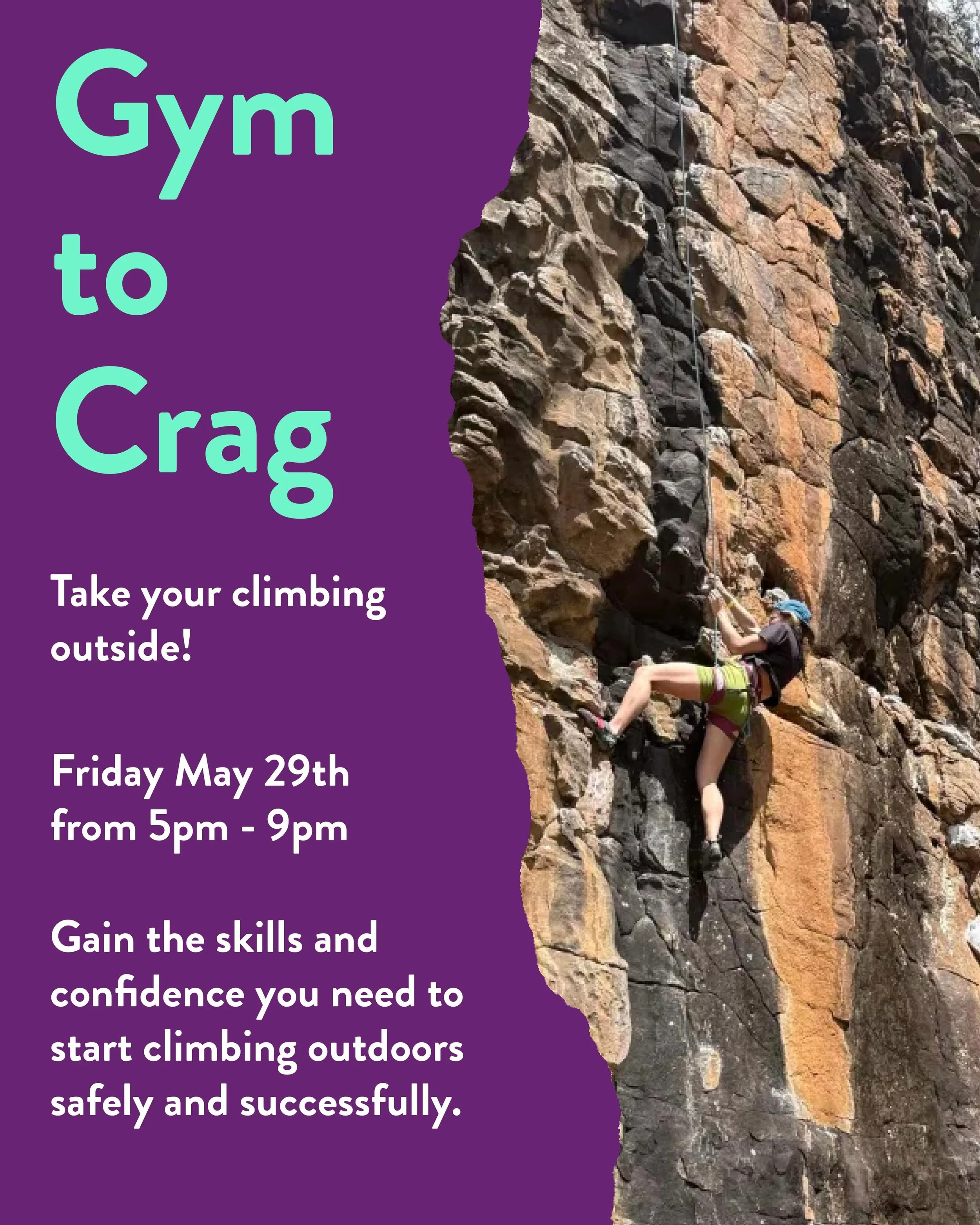 🧗&zwj;♂️GYM TO CRAG 🌲

Ready to take your climbing outside? 🧗&zwj;♂️

☀️ Join us on May 29th from 5&ndash;9PM for Gym to Crag &mdash; a workshop designed to help climbers transition from indoor climbing to the outdoors safely and confidently!

We&