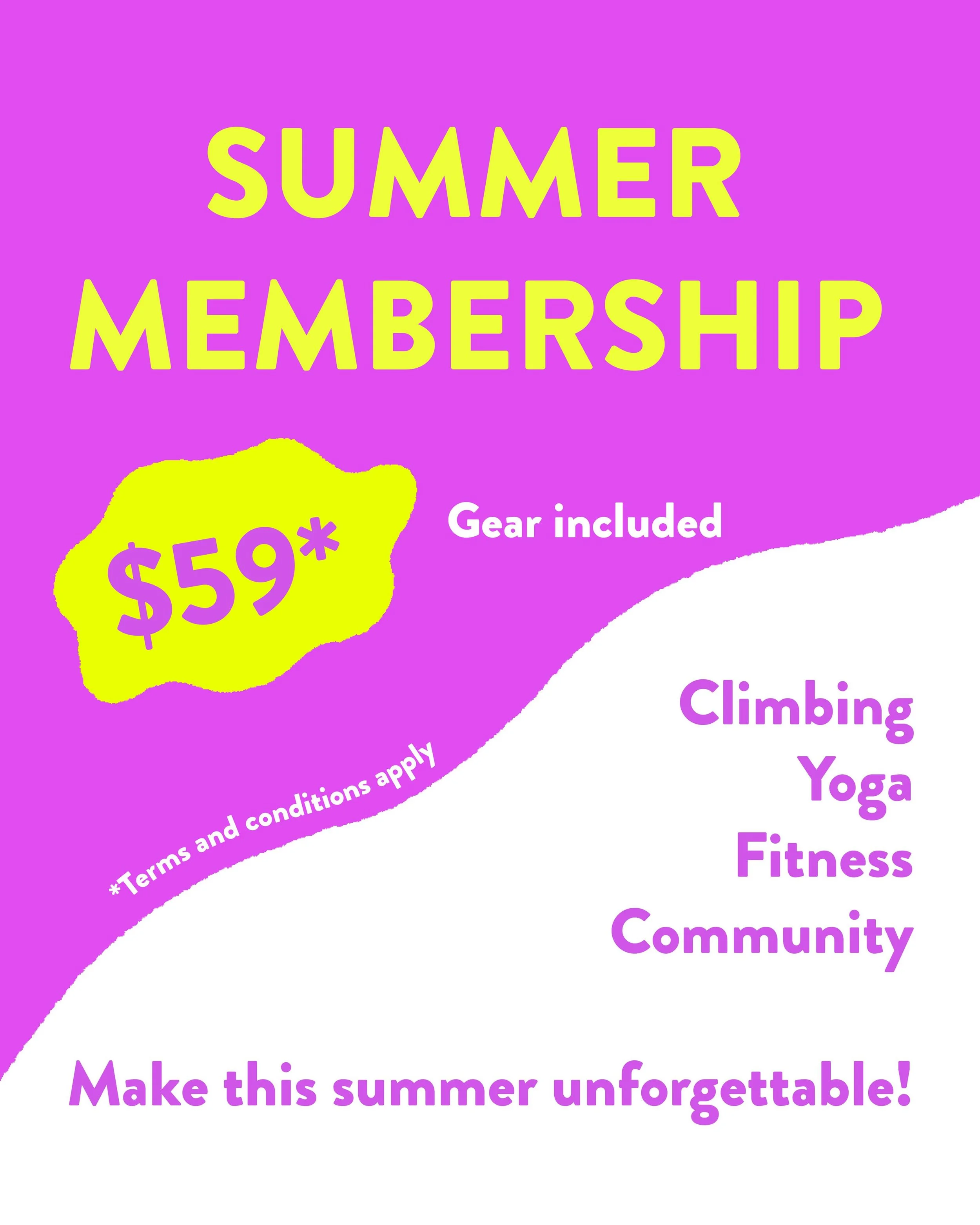 ☀️ SUMMER MEMBERSHIP ☀️

Looking for a fun way to stay active this summer? Come climb, work out, do yoga, and be part of an amazing community at ELEV8! 🧗&zwj;♀️💪

🌟 Summer Membership &mdash; Just $59*! 📅 Last day to sign up: July 31st ☀️ Climb al