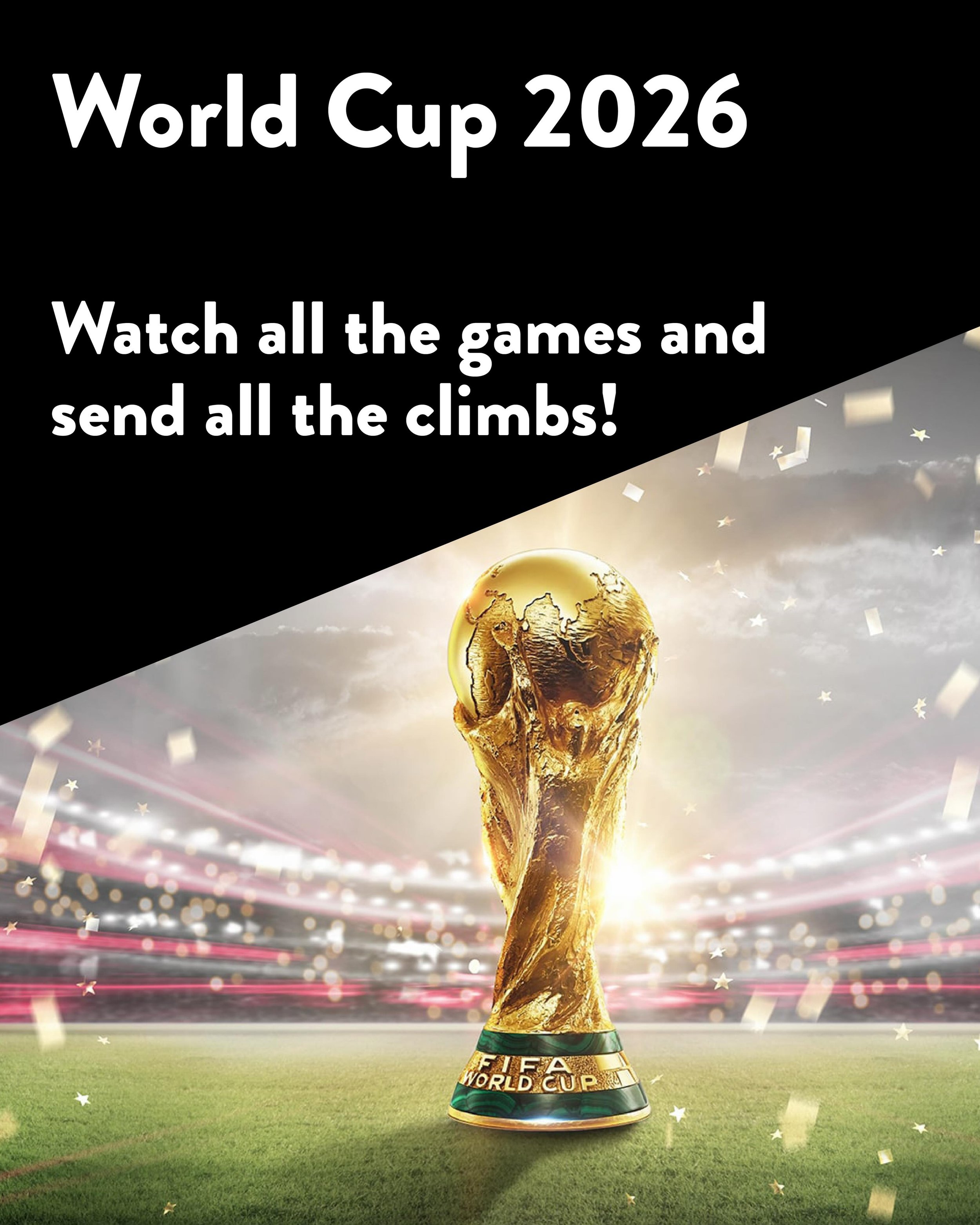 🧗&zwj;♂️⚽️Climbing and World Cup season?

Sounds like a win-win. Whether you&rsquo;re here to work on your next project, get a workout in, or simply hang out with friends, you can keep up with the World Cup action on the TV in our lobby while you&rs