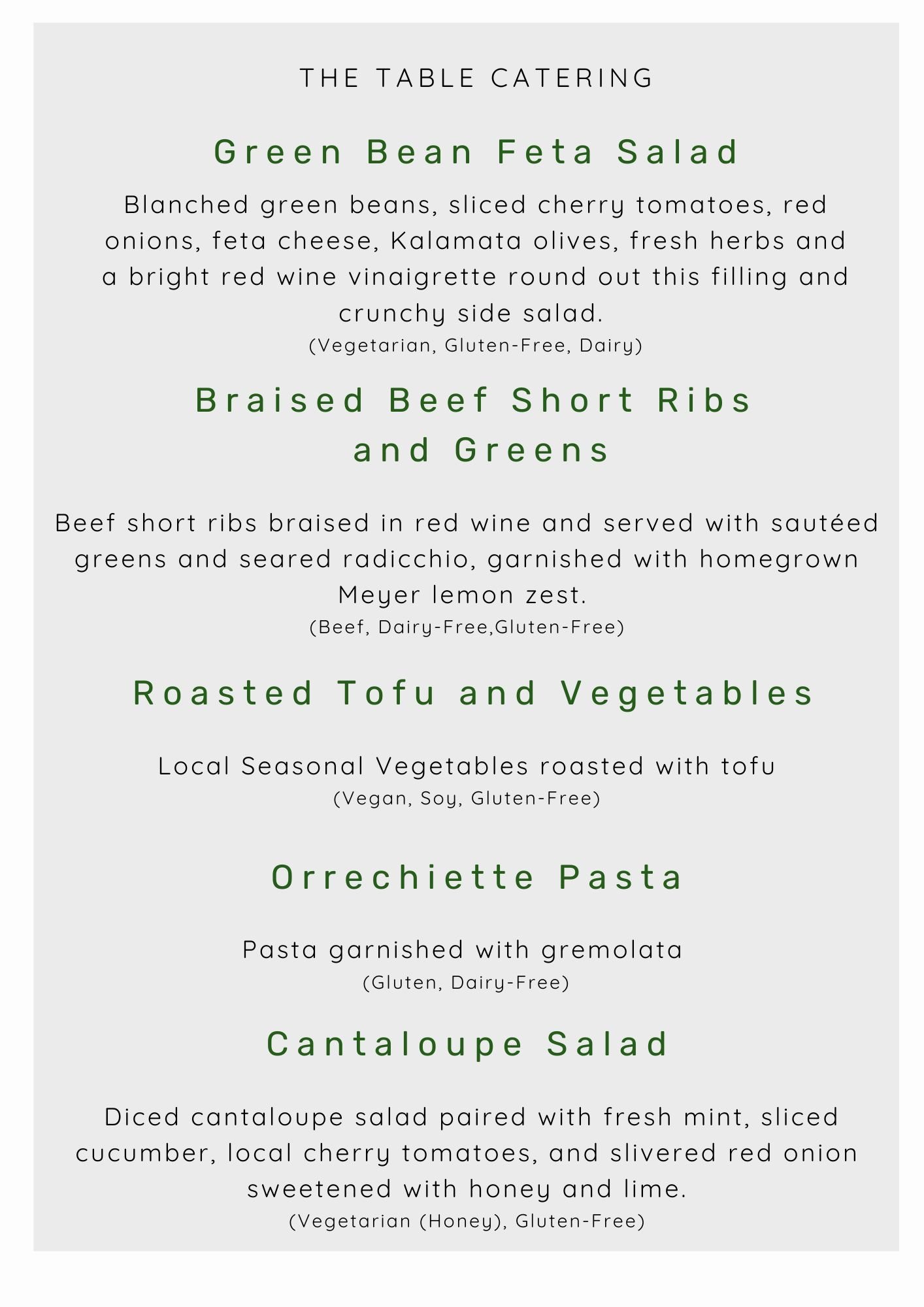 Menu listing five vegetarian dishes: Green Bean Feta Salad, Braised Beef Short Ribs and Greens, Roasted Tofu and Vegetables, Orrechiette Pasta, and Cantaloupe Salad.