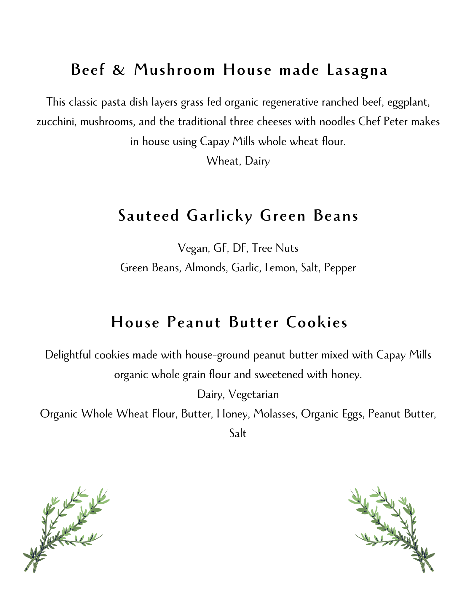 Menu featuring Beef & Mushroom Lasagna, Sauteed Garlicky Green Beans, and House Peanut Butter Cookies with decorative green sprigs at the bottom
