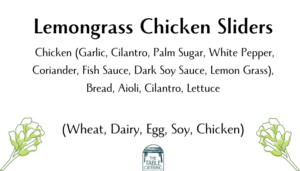 Menu titled 'Lemongrass Chicken Sliders' listing ingredients including chicken, bread, aioli, cilantro, lettuce, and condiments with gluten, dairy, egg, soy, and chicken allergens, and decorative illustrations of lettuce leaves on both sides and a logo below.