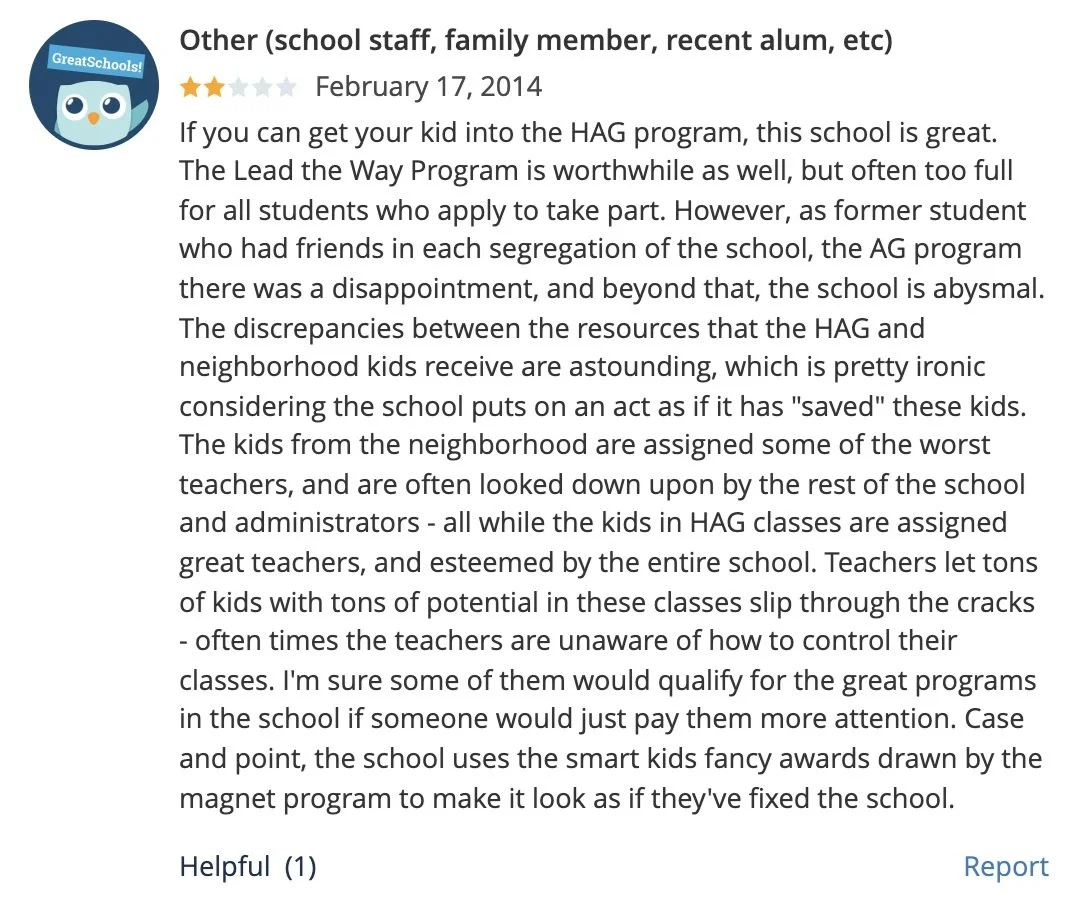Hanes Magnet School has a long history of segregating traditional students from Academically Gifted (AG) and Highly Academically Gifted (HAG) students. 

Note: Traditional students are typically black and Hispanic kids from the surrounding low-income