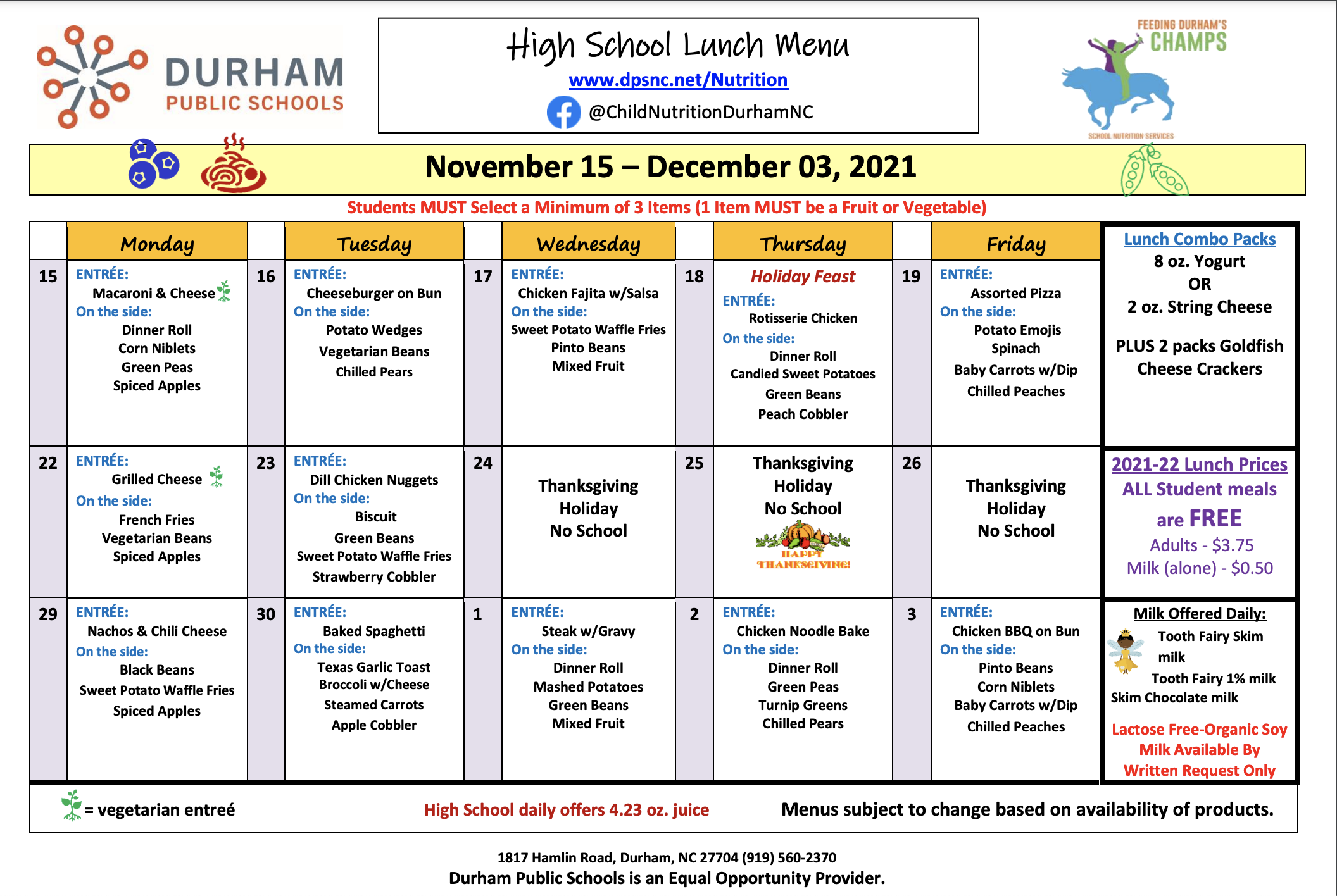 Lunch Menu for High Schools in the Durham Public School System