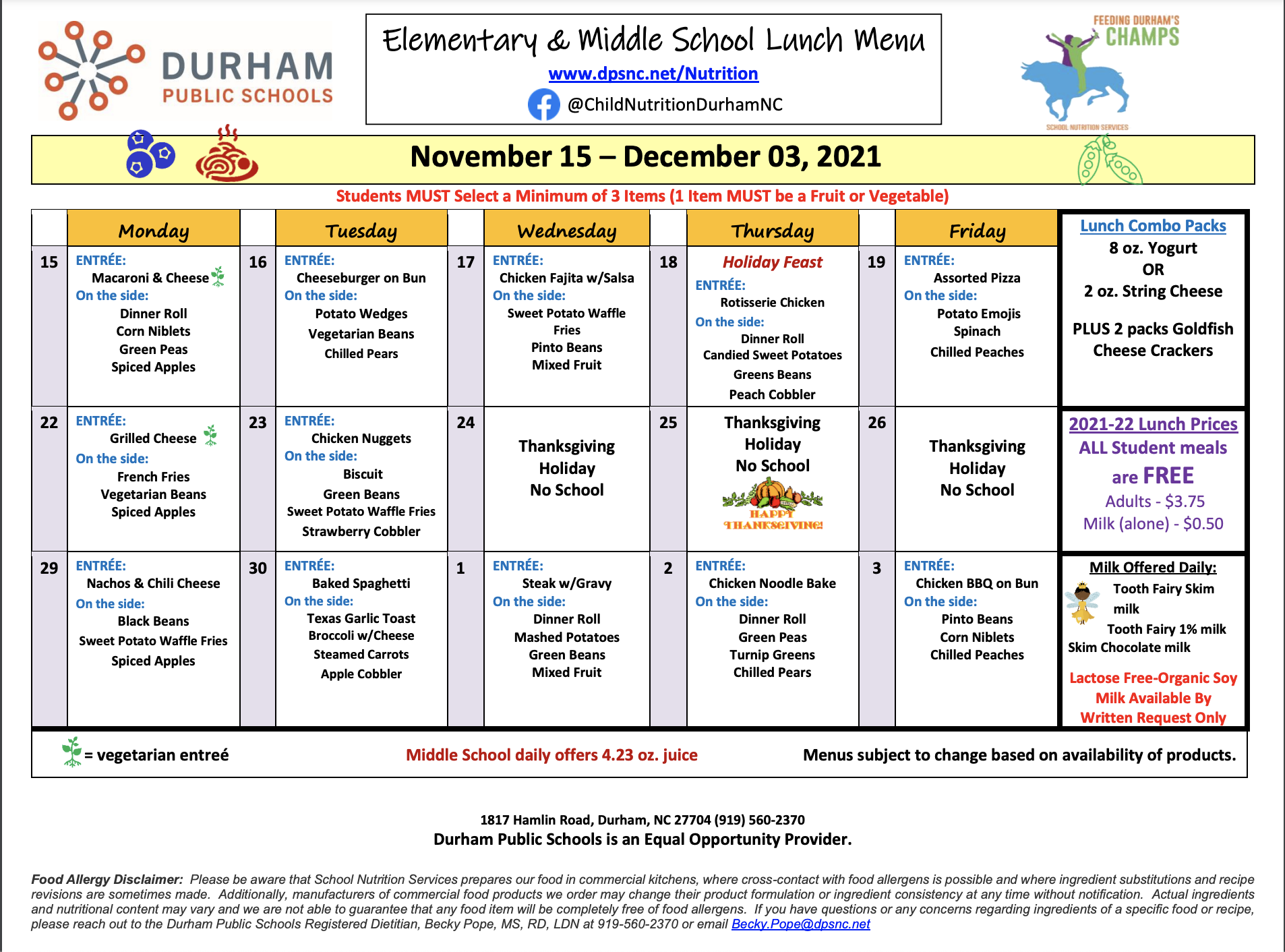 Lunch Menu for Elementary and Middle Schools in the Durham Public School System