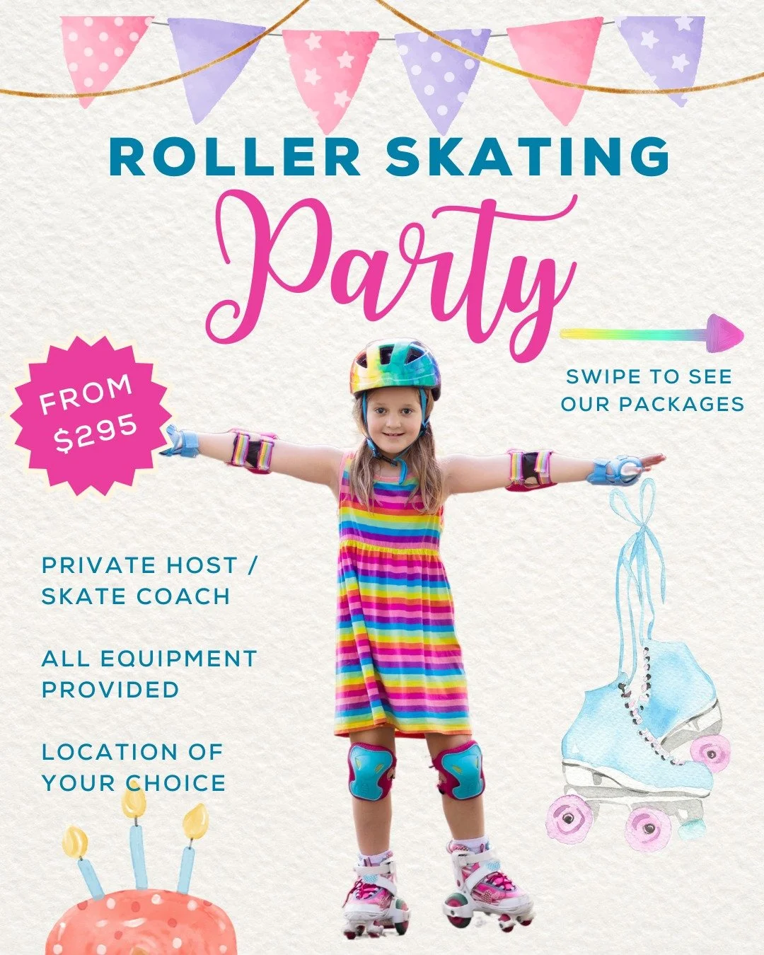 What does a Roller Skating Birthday Party with Princess on Skates look like? 🛼🎉
It’s fun, active, and completely unforgettable!
📍Choose your own location – or let us help you find the perfect spot
🎩 Skate party host & coach inc