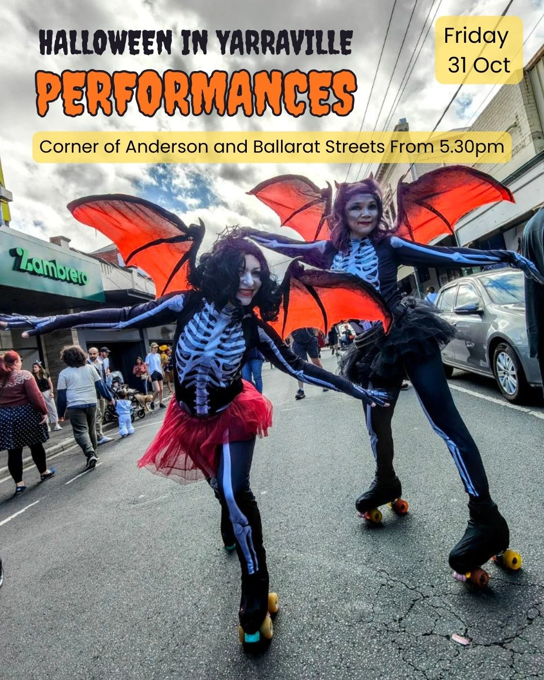 🎃🛼 Halloween in Yarraville — here we go again! 🛼🎃
I’m so excited for this Friday’s performances — my amazing budding skaters (yes, my students!) will be performing right in the heart of Yarraville 💀✨
This event means so