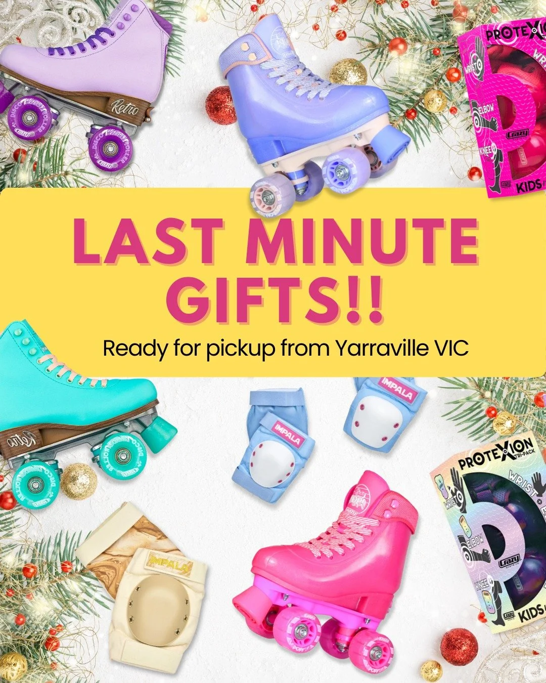 Left it too late for online shopping?
I have roller skates, protective gear and accessories ready for pick up in Yarraville Victoria!

Bring your child's shoes and I can find the correct size - not a mystery size from an online guess.

See what's ava