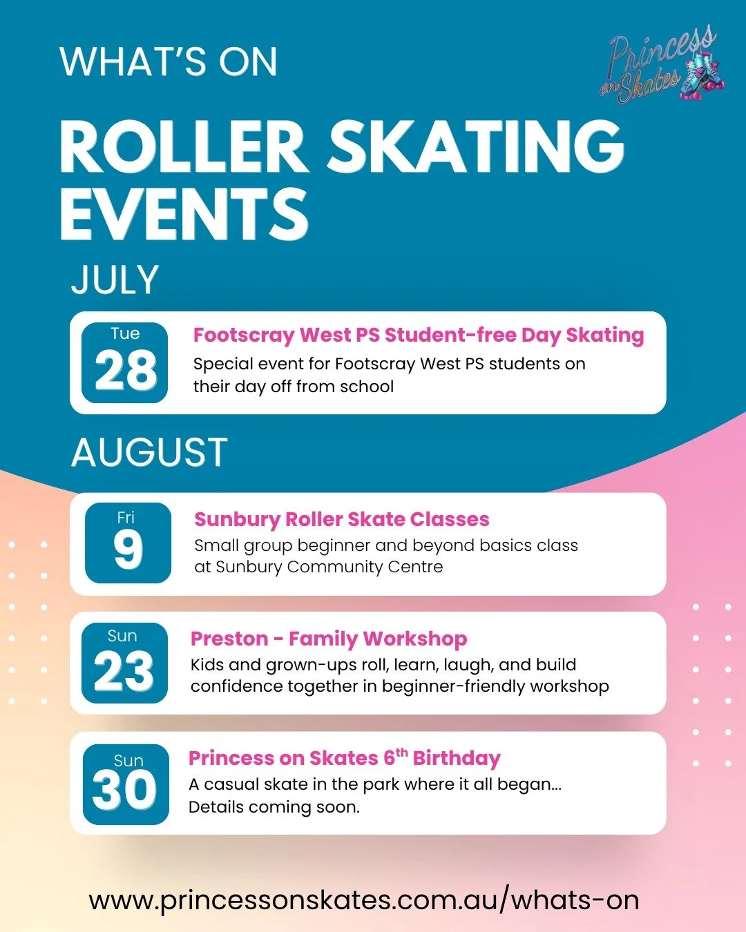 We&rsquo;ve got some fun events rolling your way this July &amp; August!

📅 Tuesday 28 July &ndash; Footscray West PS Student-Free Day Skating
A special skating event for Footscray West Primary School students on their day off!

📅 Sunday 9 August &