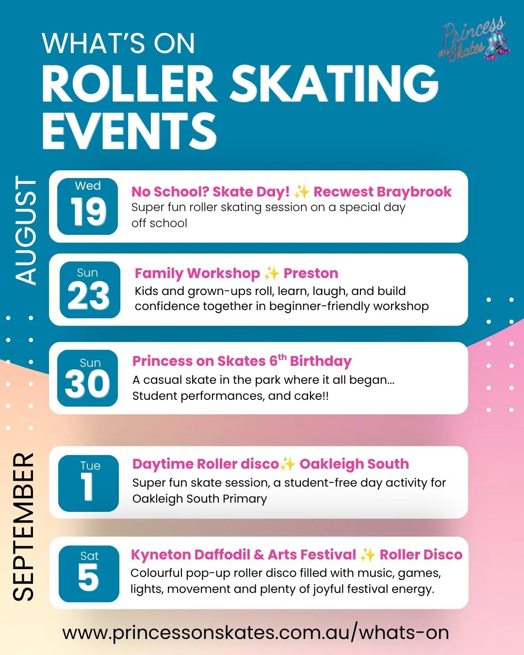 August + September are looking VERY skatey! 🛼✨

Here&rsquo;s what&rsquo;s coming up:
🛼 Wed 19 Aug &mdash; No School? Skate Day! ✨ Braybrook
A fun daytime skate session for kids on their day off school.

👨&zwj;👩&zwj;👧 Sun 23 Aug &mdash; Family Wo